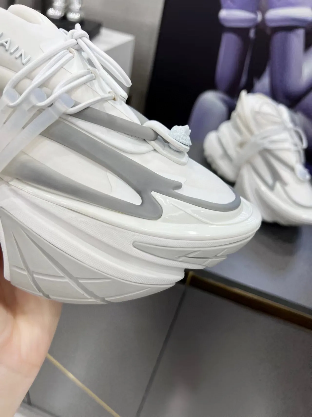 Balmain White Gray Sculpted Sole Asymmetrical Lacing Chunky Sneakers