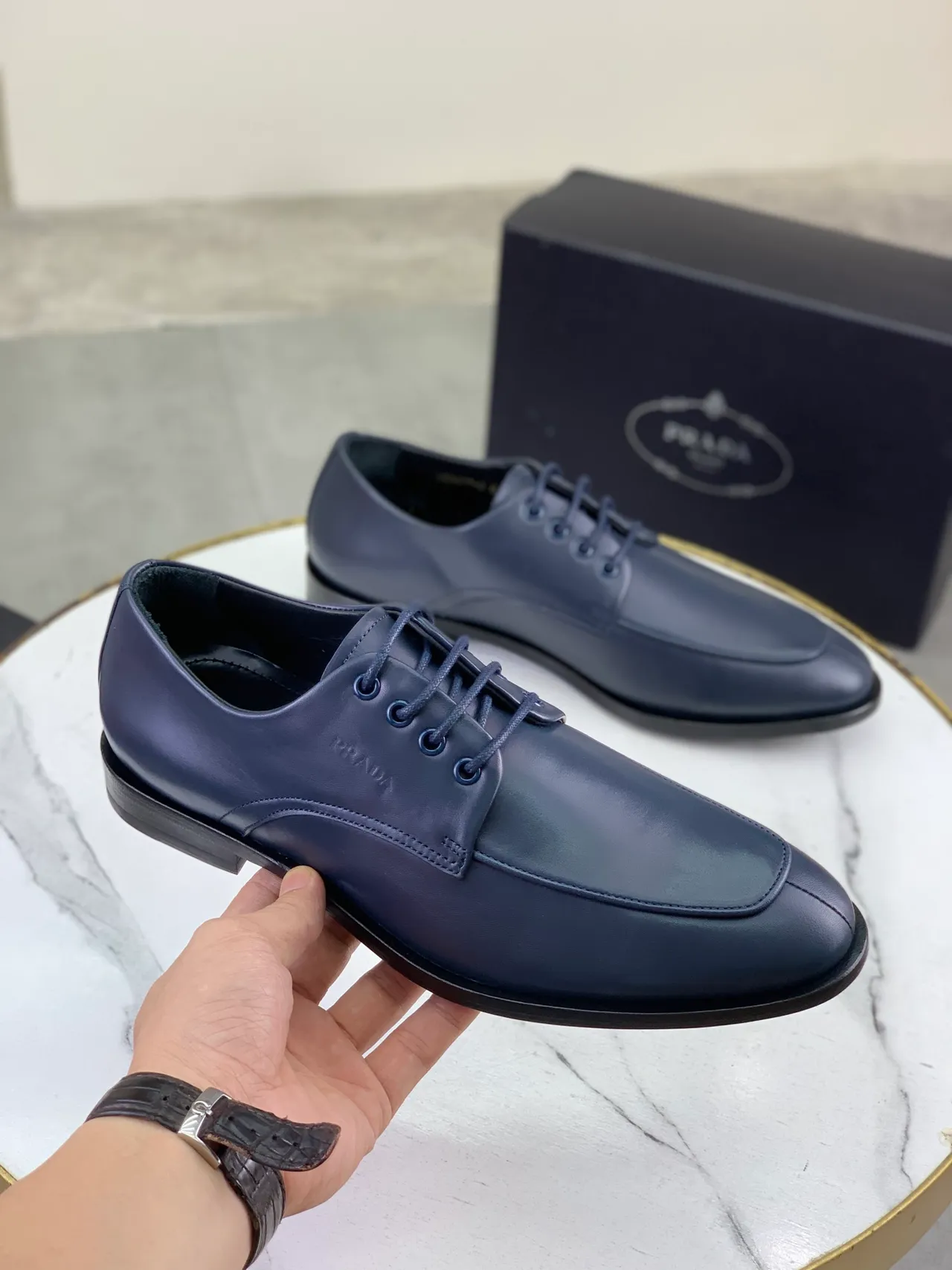 Prada Navy Blue Cap-Toe Oxford Shoes