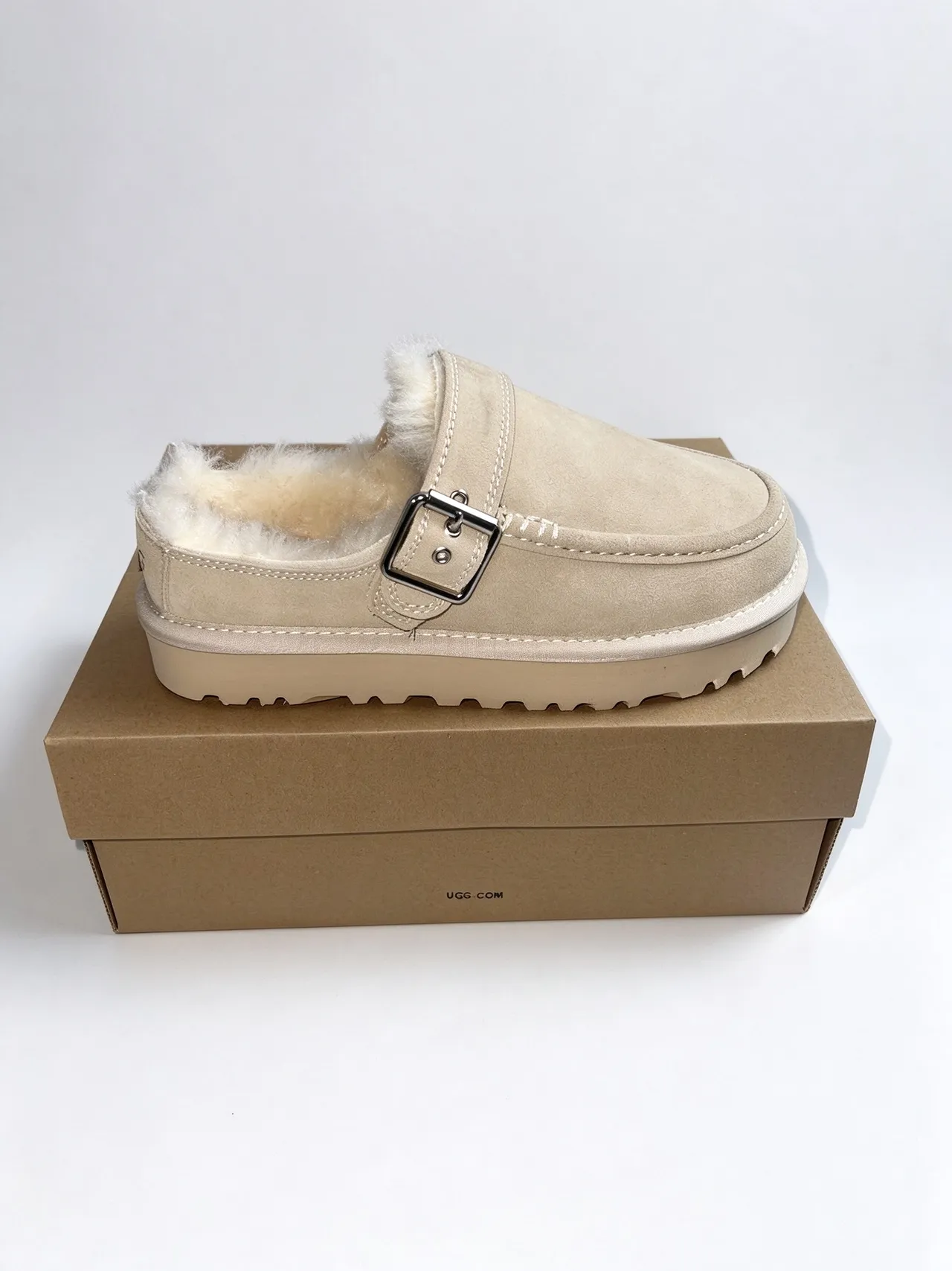 UGG Beige White Suede Upper Shearling-Lined Loafer