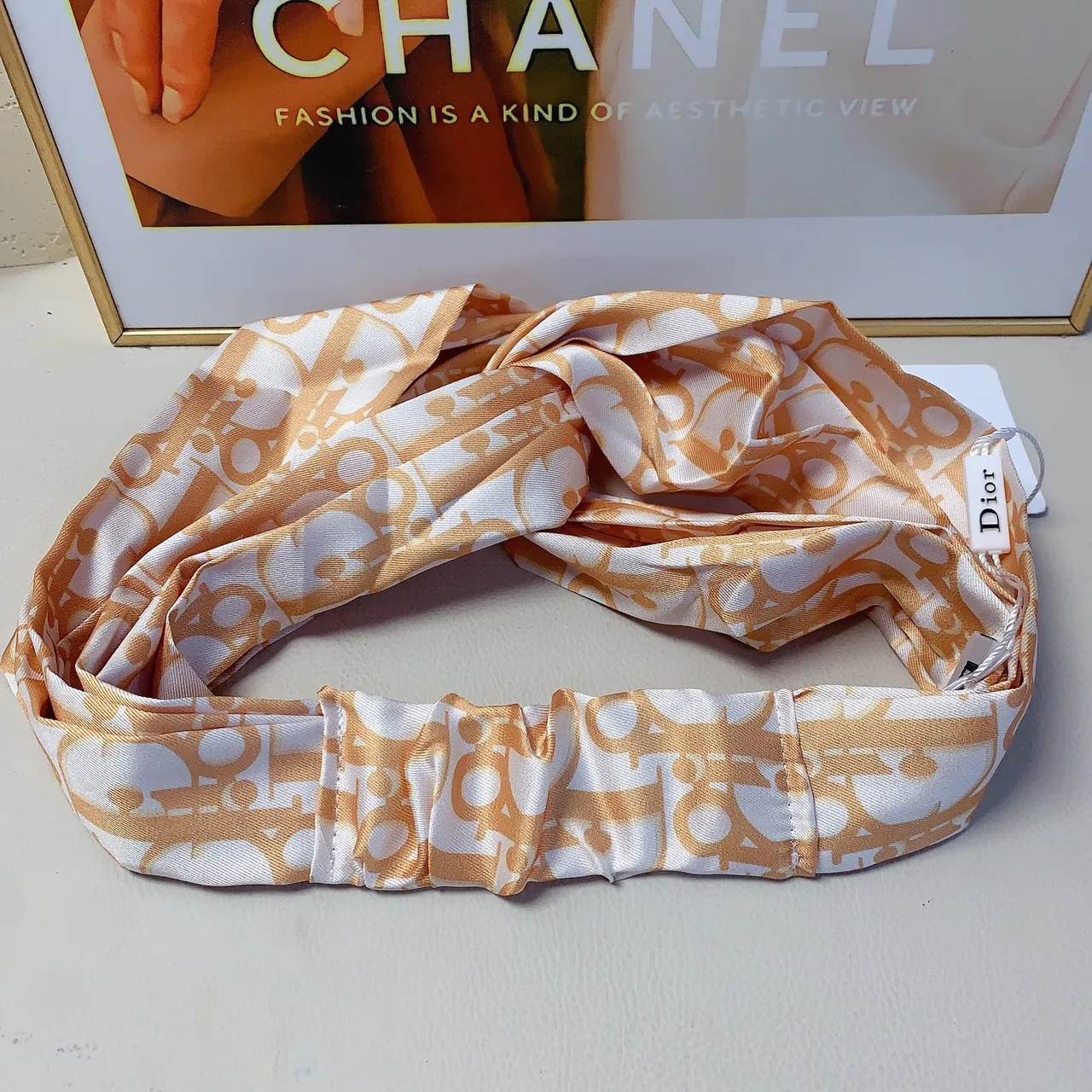 Dior White Black Twisted Knot Front Elasticated Band Silk Scarf