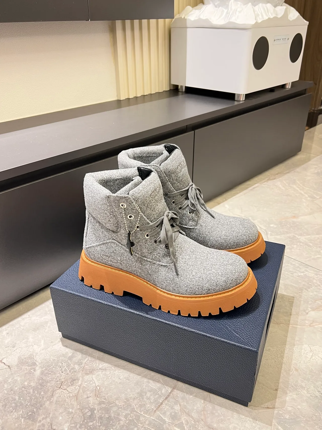 Gray Brown Felted Wool Upper Chunky Lug Sole Boots