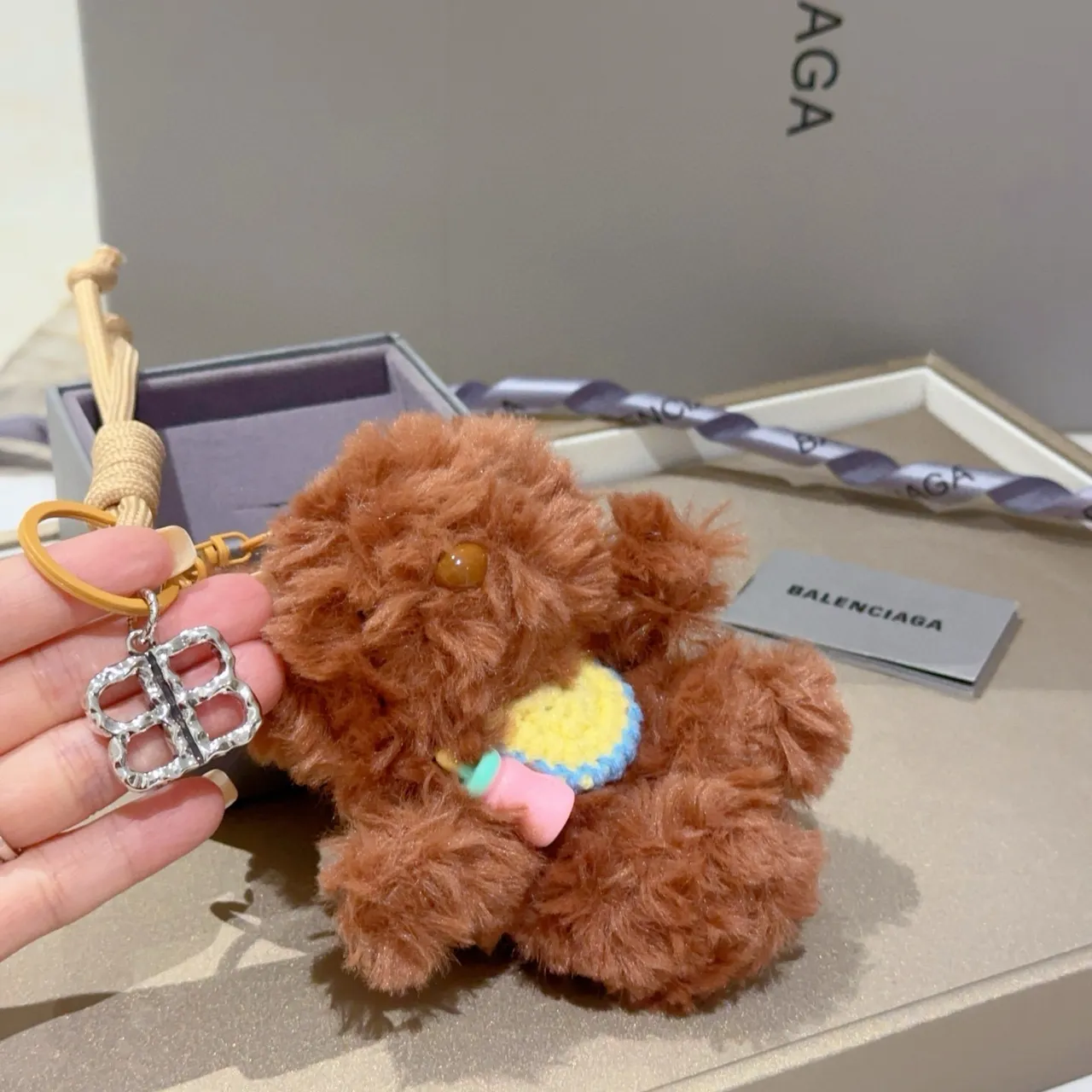 Balenciaga Brown Beige Plush Teddy Bear Knitted Bib Crossbody Bag