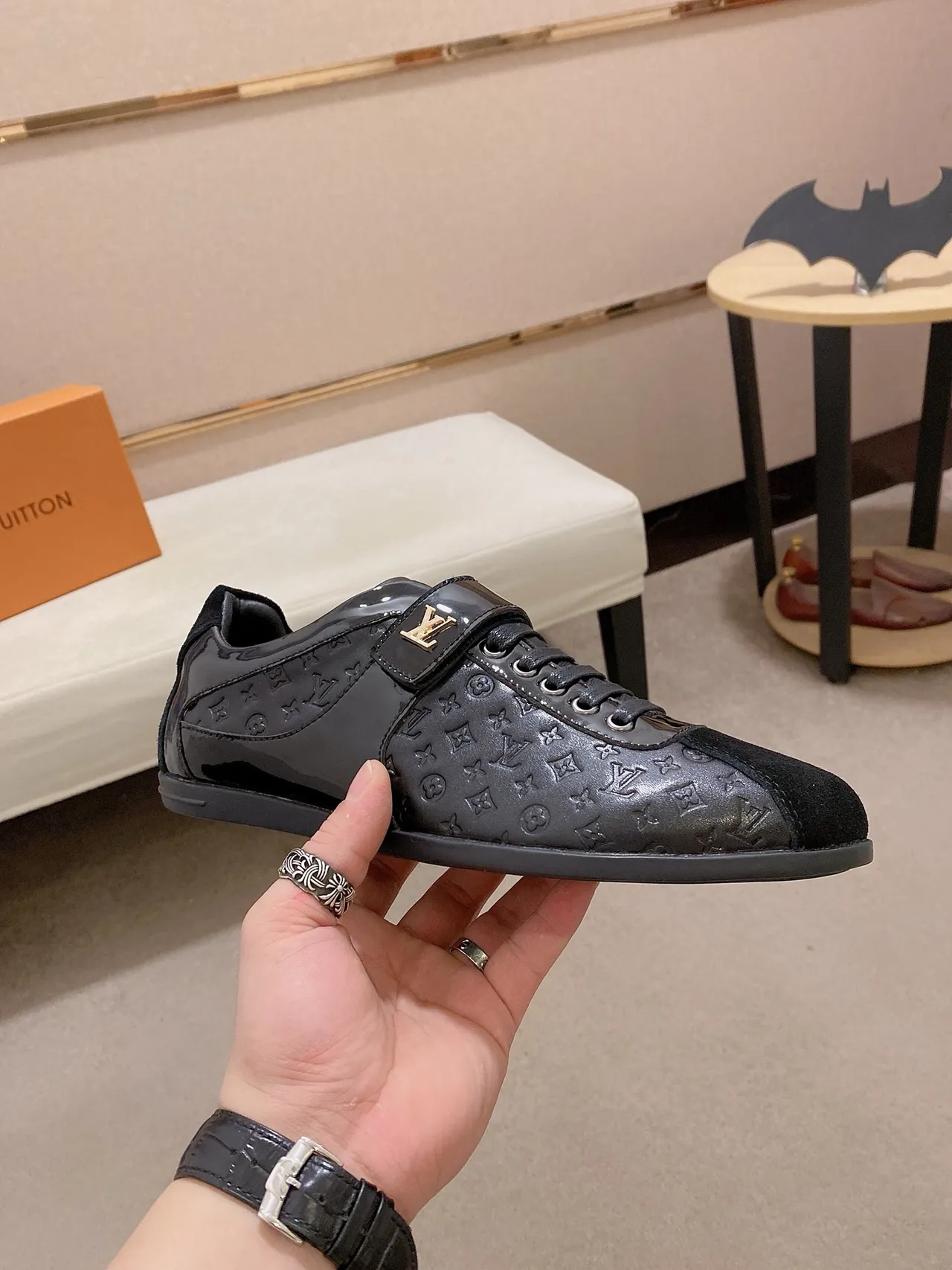 Louis Vuitton LV Trainer Black Gold Monogrammed Patent Leather Suede Toe Cap Lifestyle Sneakers