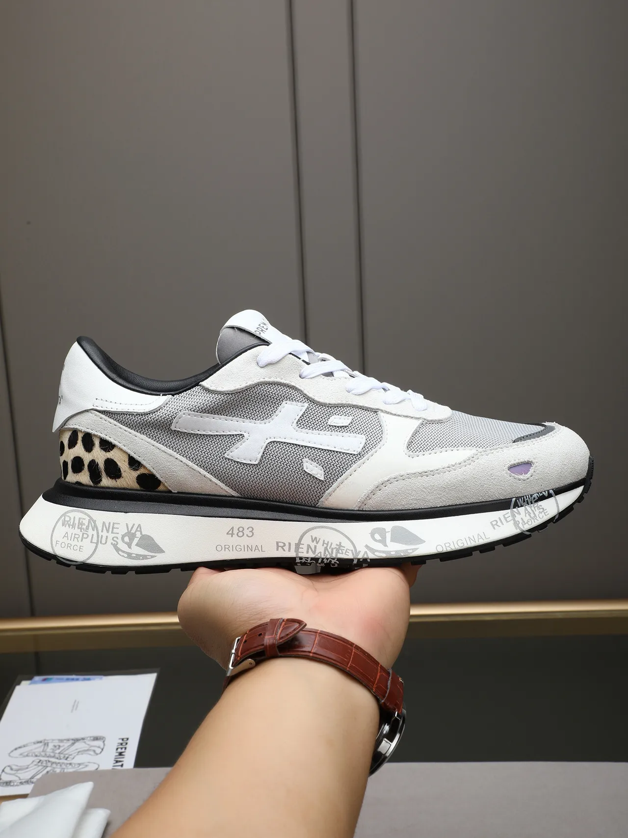 Premiata White Gray Mixed-Material Upper Leopard-Print Heel Accent Sneakers
