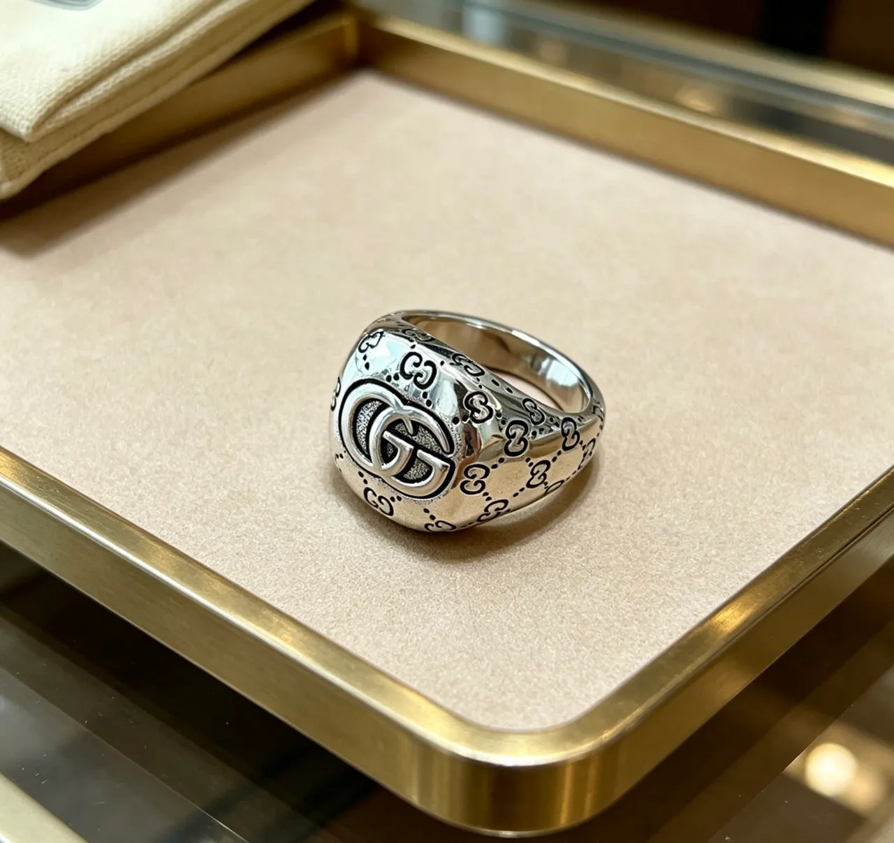 Gucci Silver Black Monogram-Engraved Signet-Style Ring