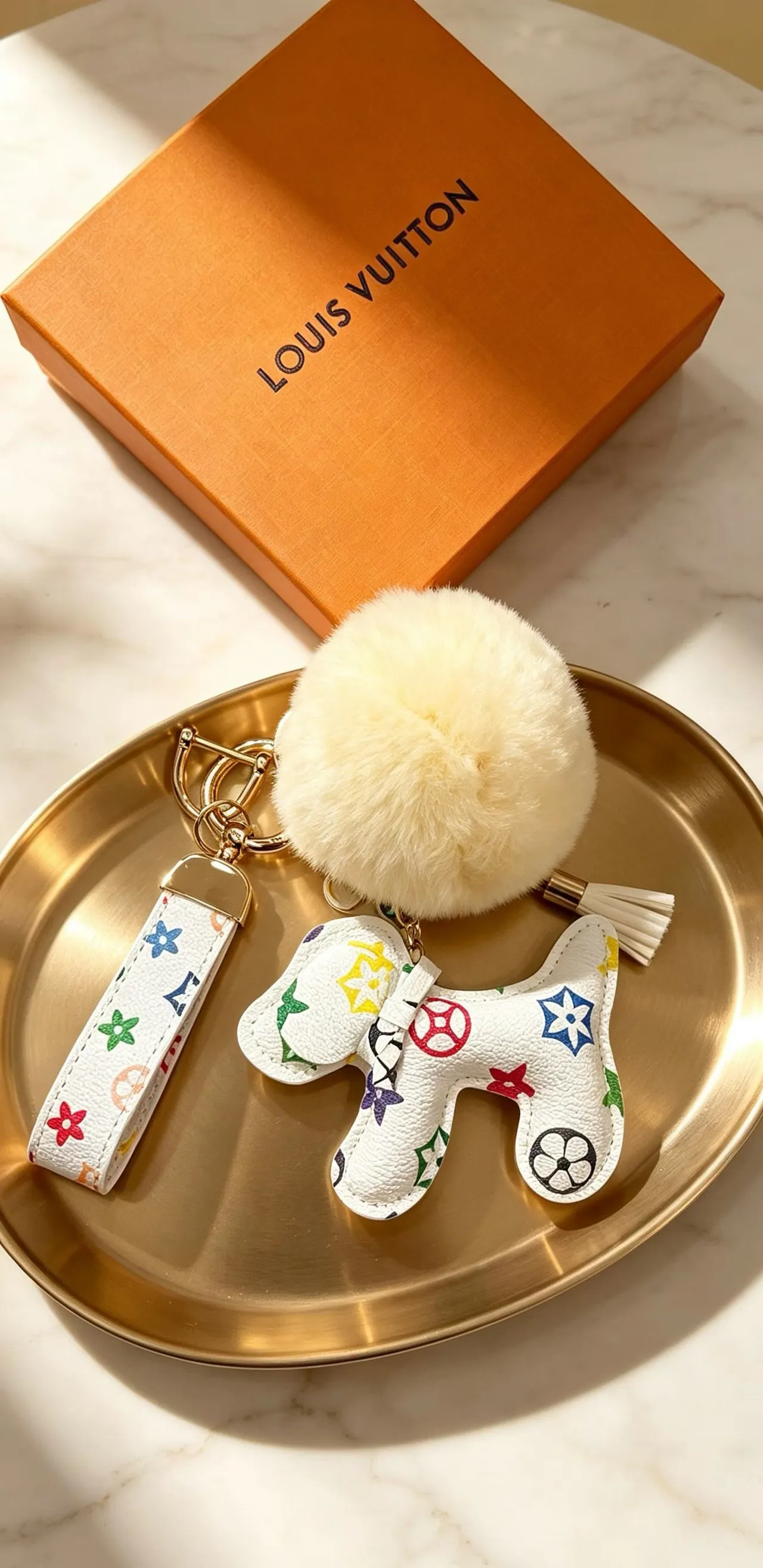 Louis Vuitton Multicolor Beige Monogram Leather Cream Faux-Fur Pom-Pom Phone Accessory