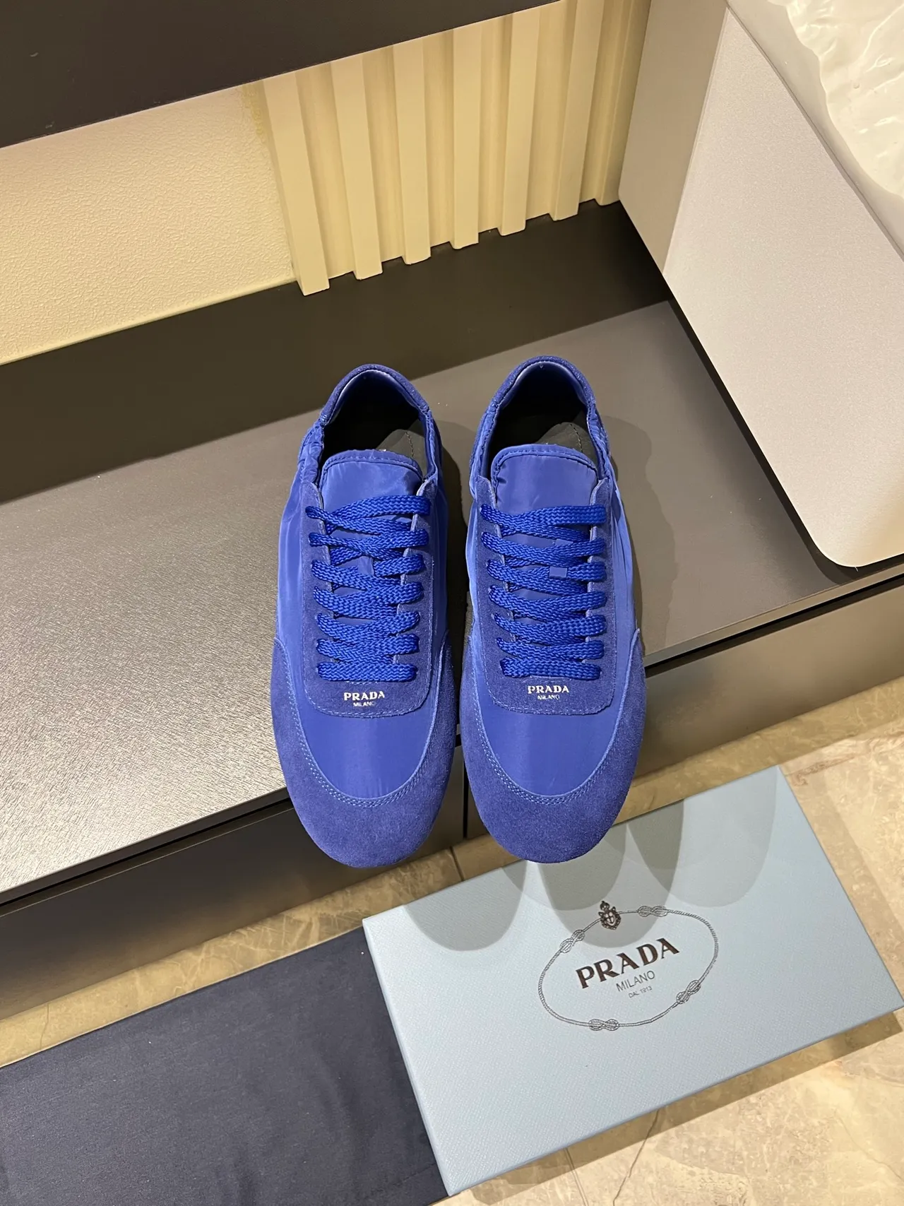 Prada Blue Monochromatic Nylon And Suede Mix Lifestyle Sneakers