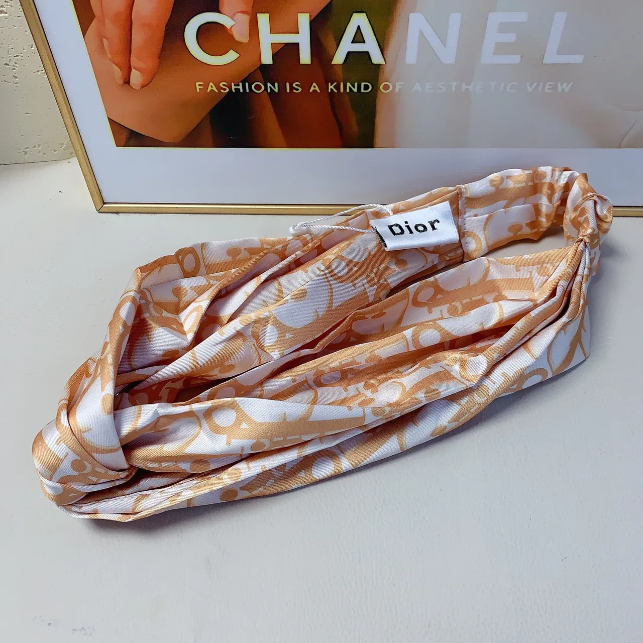 Dior White Black Twisted Knot Front Elasticated Band Silk Scarf
