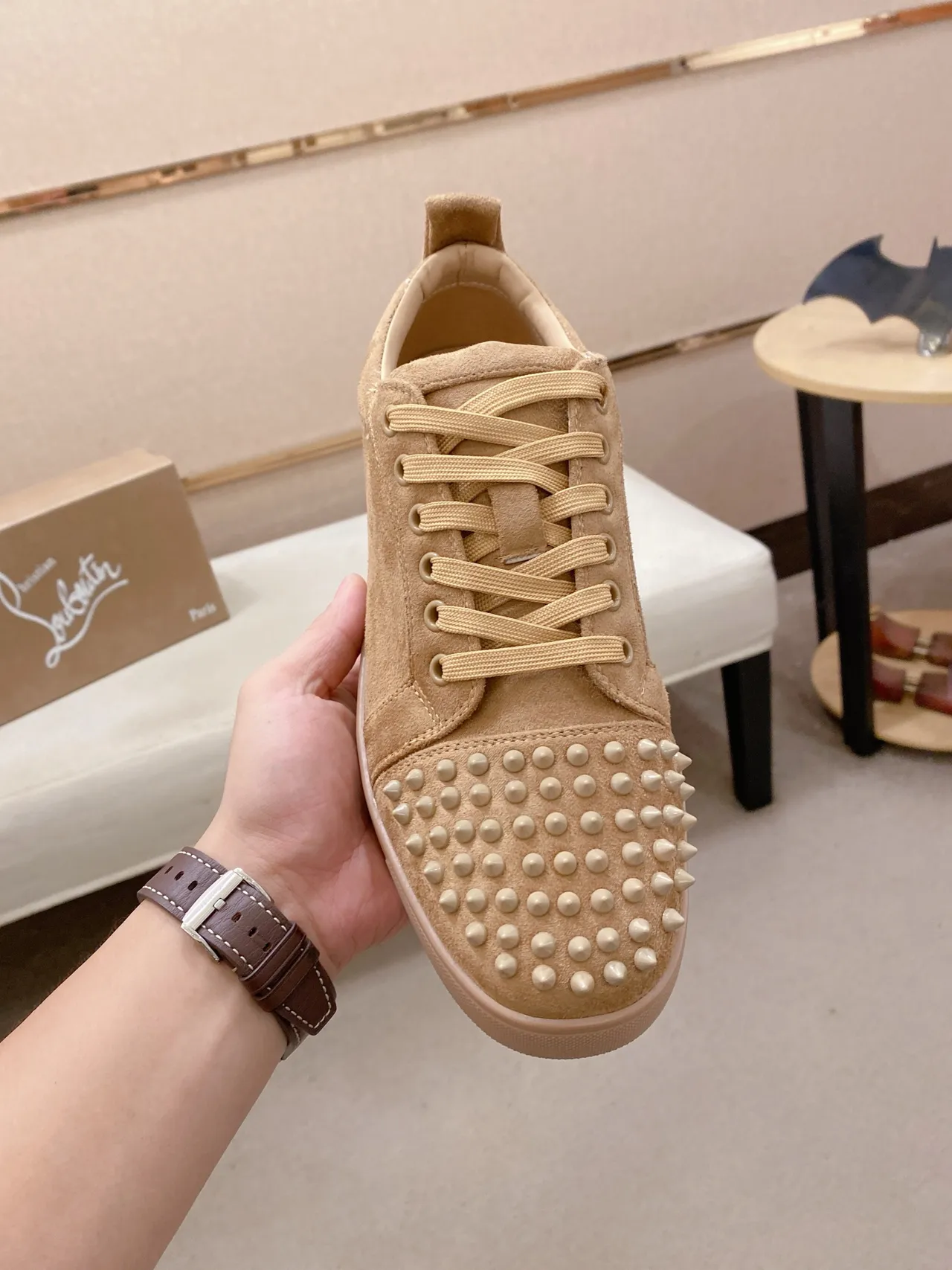 Christian Louboutin Louis Spikes Beige Suede Lifestyle Sneakers