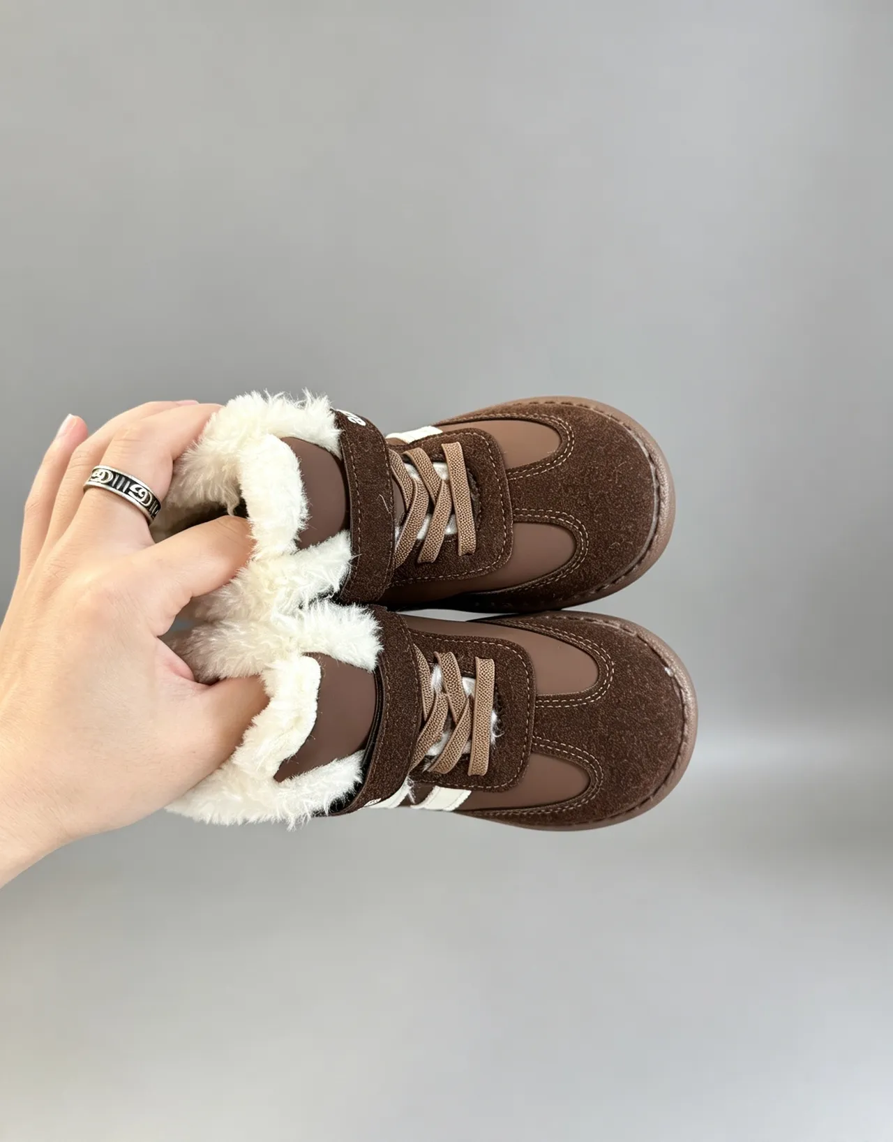 Adidas Brown White Fur-Lined Collar Three-Stripe Side Panel Snow Boots