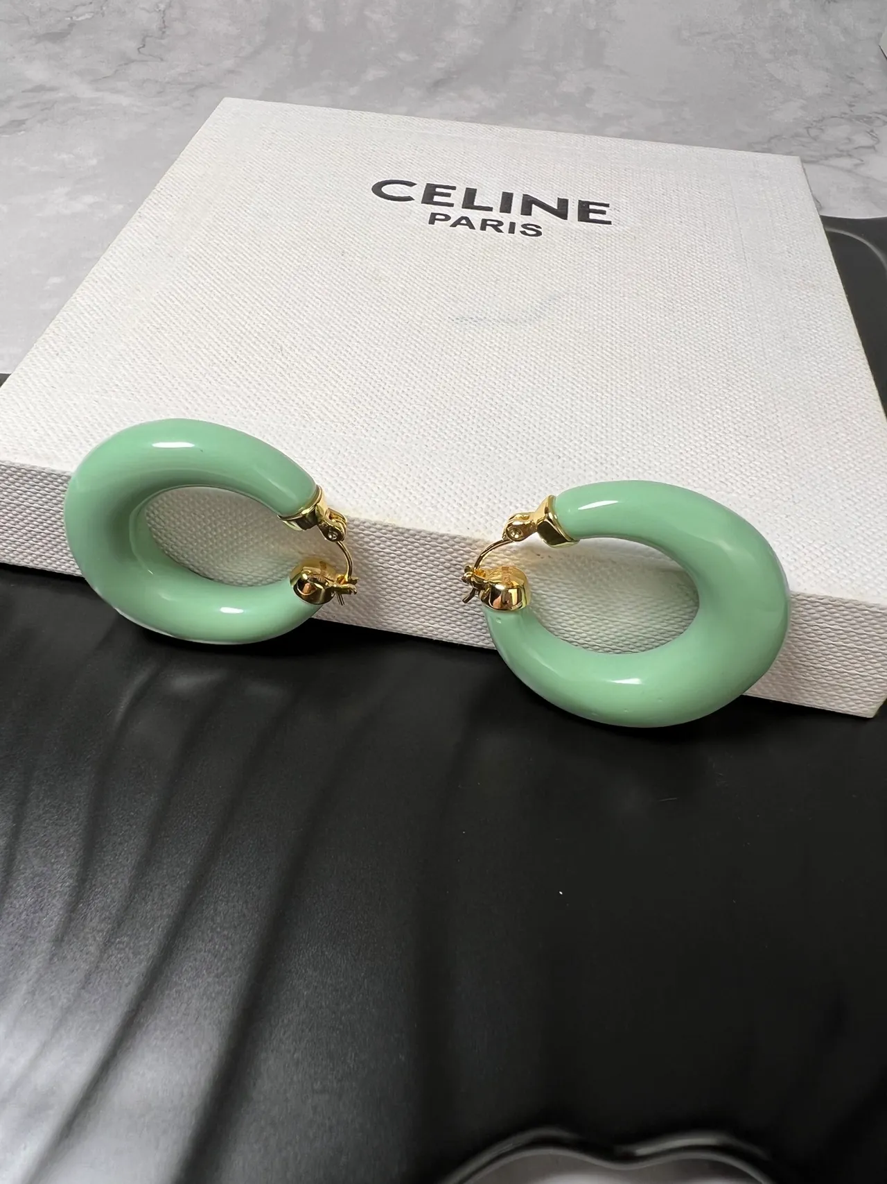 Celine Mint Green Enamel Hoop Earrings
