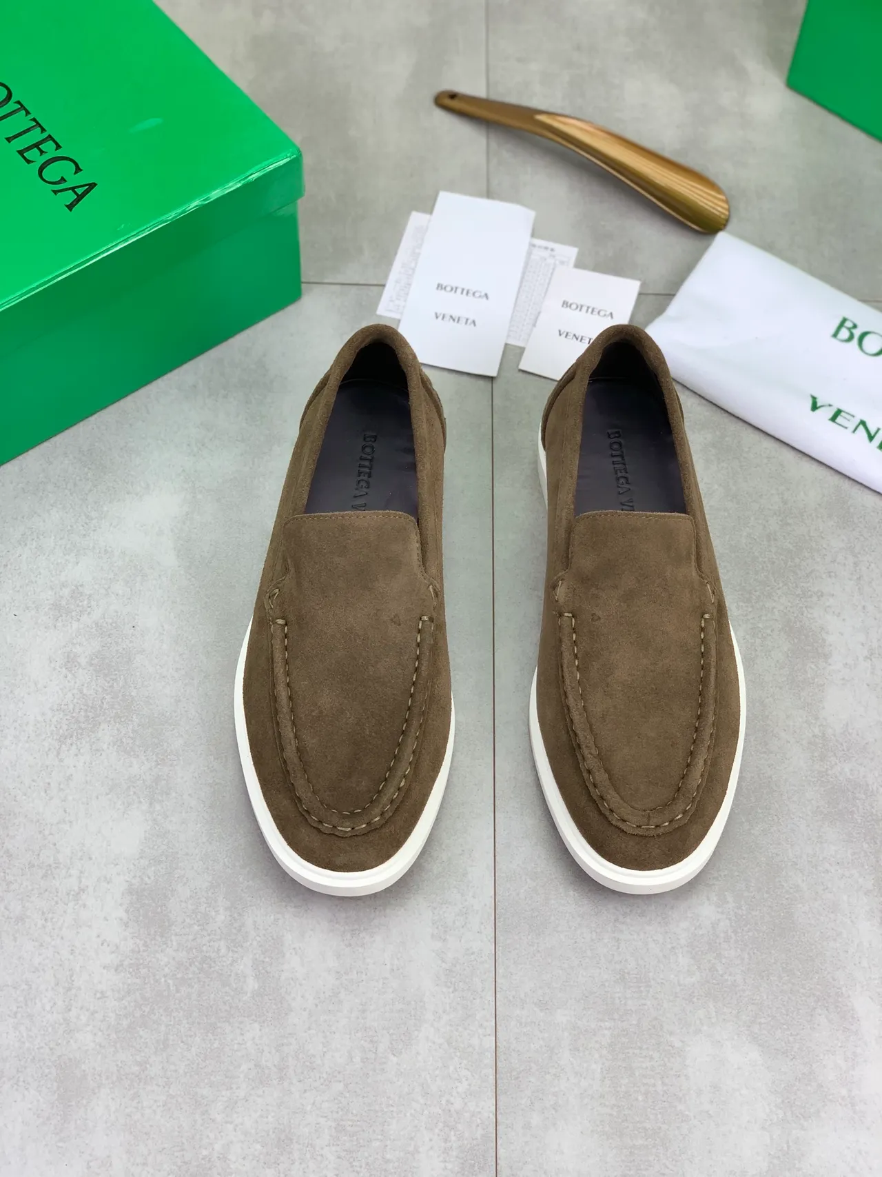 Bottega Veneta Brown White Suede Upper Moc-Toe Stitching Loafer