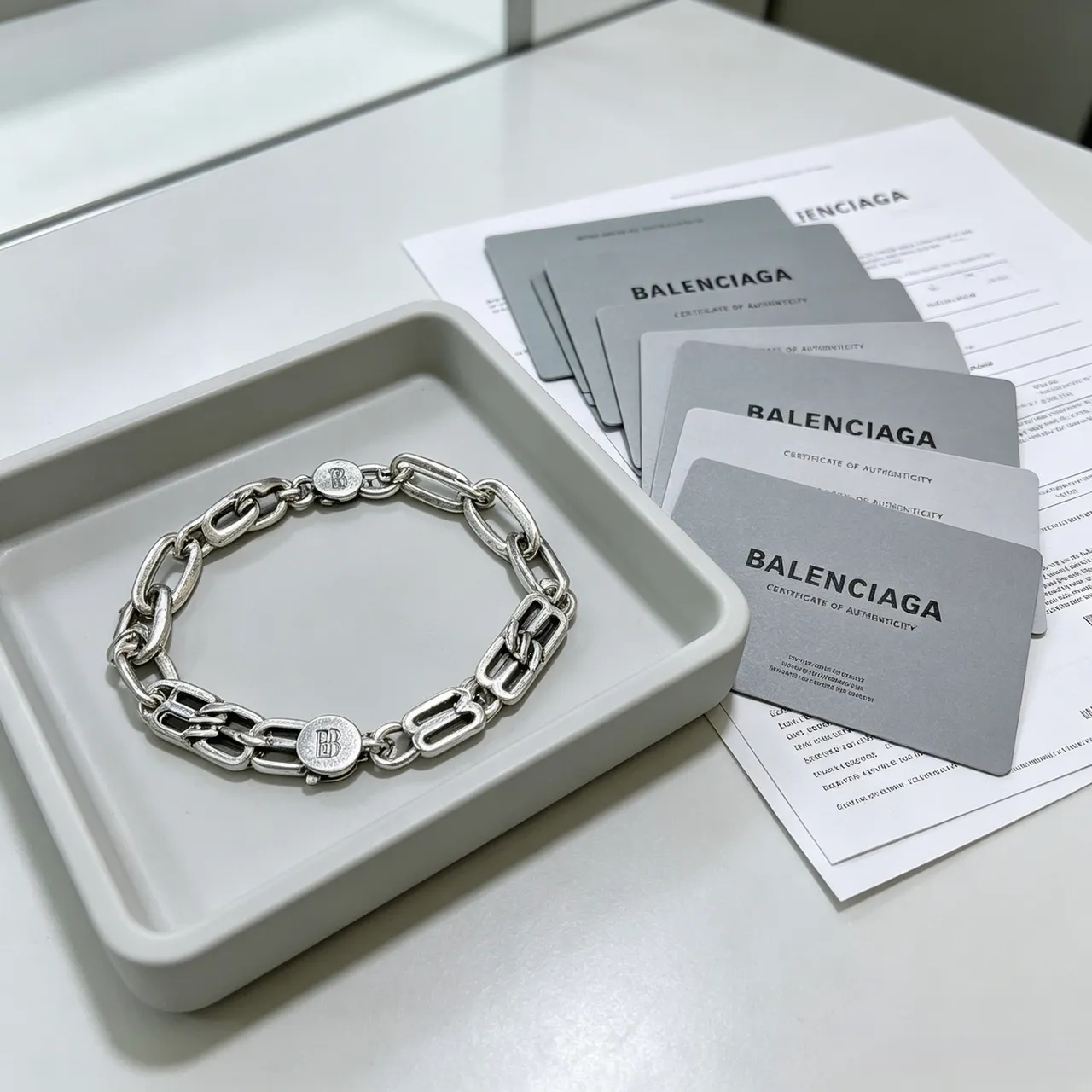 Balenciaga Logo Charm Chunky Link Silver Bracelet