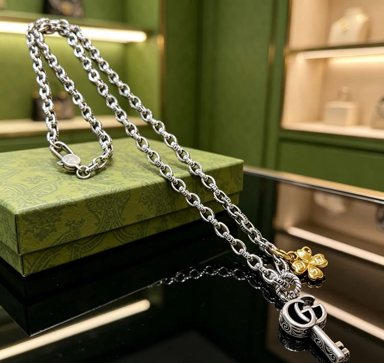 Gucci Silver Gold Oxidized Chain Engraved GG Key Pendant Necklace