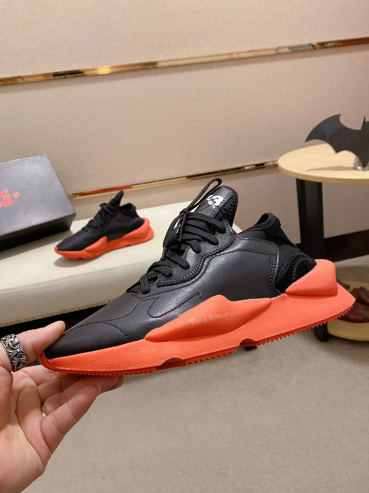 Yohji Yamamoto Black Orange Sculpted Midsole Matte Leather Upper Chunky Sneakers
