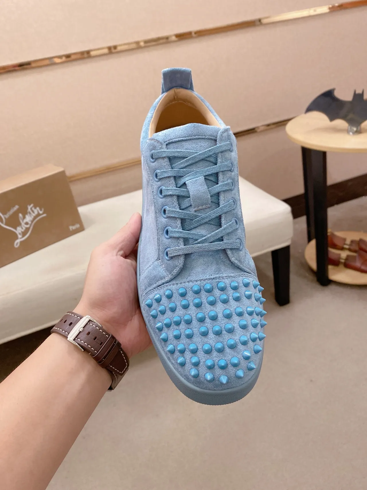 Christian Louboutin Lou Spikes Light Blue Suede Lifestyle Sneakers