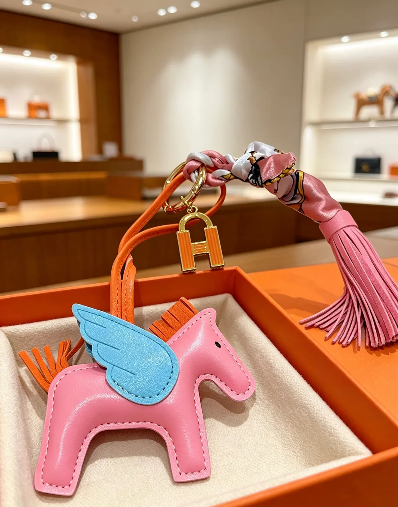 Hermès Grigri Pégase Pink Blue Leather Winged Horse Charm Stitched Silhouette Tote Bag