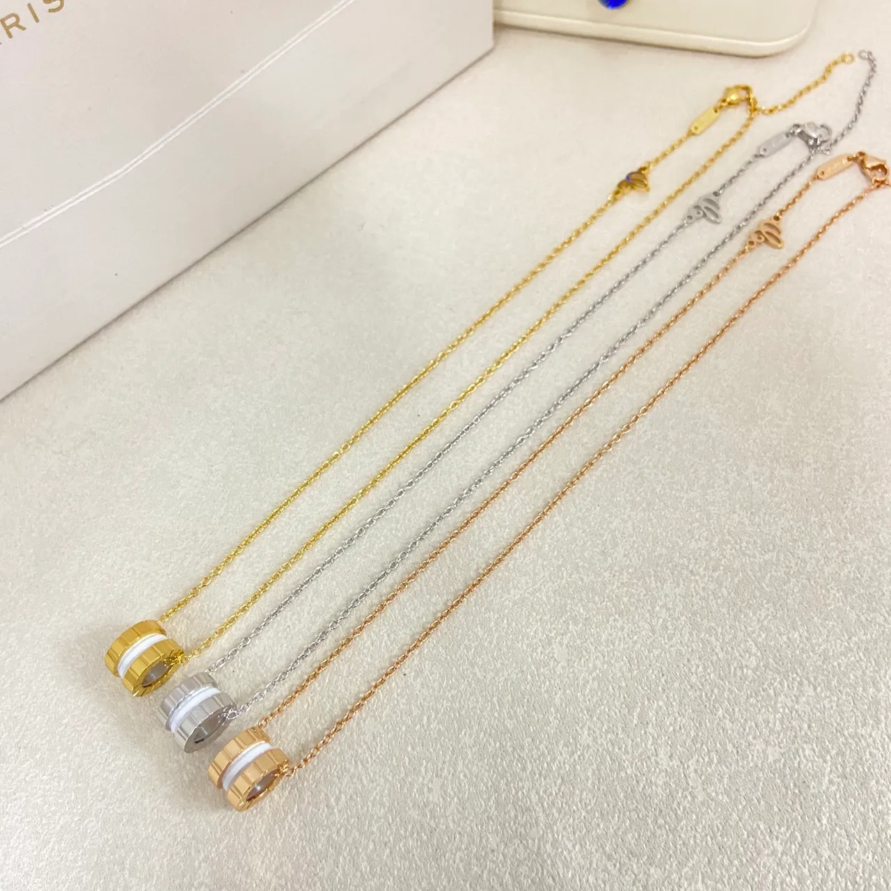 Gold Multicolor Barrel-Shaped Pendant Enamel Color Band Detail Necklace
