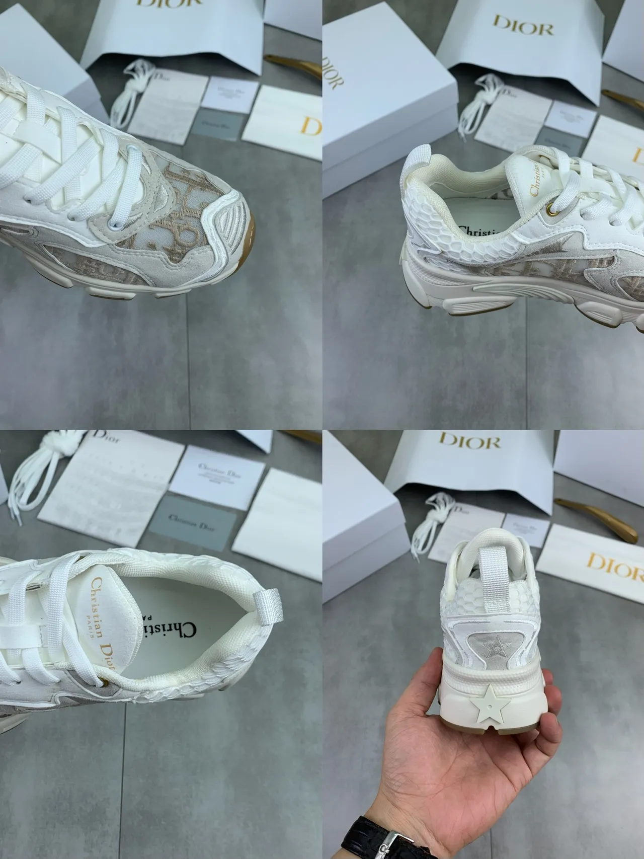 Dior White Beige Monogrammed Jacquard Upper Sculpted Sole Chunky Sneakers