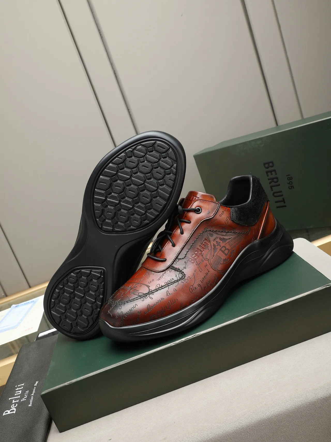 Berluti Embossed Script Leather Brown and Black Casual Shoes