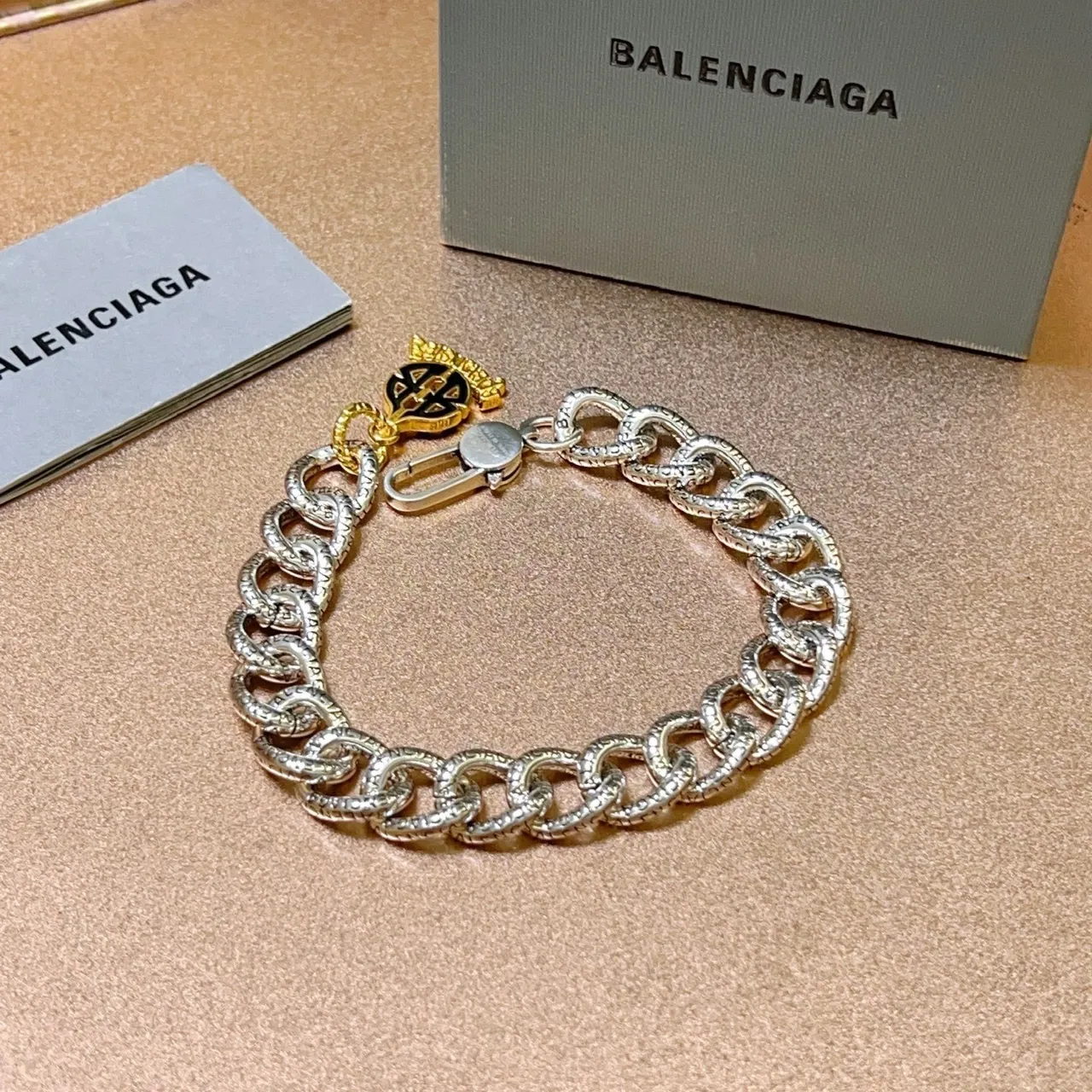 Balenciaga Logo Chain Silver Gold Chunky Oval-Link Engraved Brand Lettering Bracelet