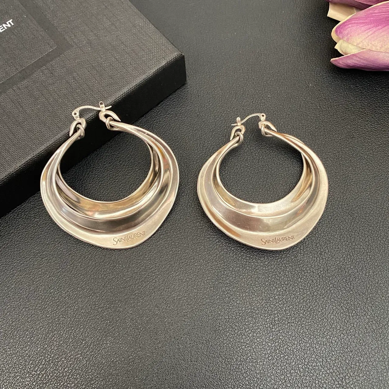 Saint Laurent Silver Triple-Layered Asymmetrical Hoop Earrings