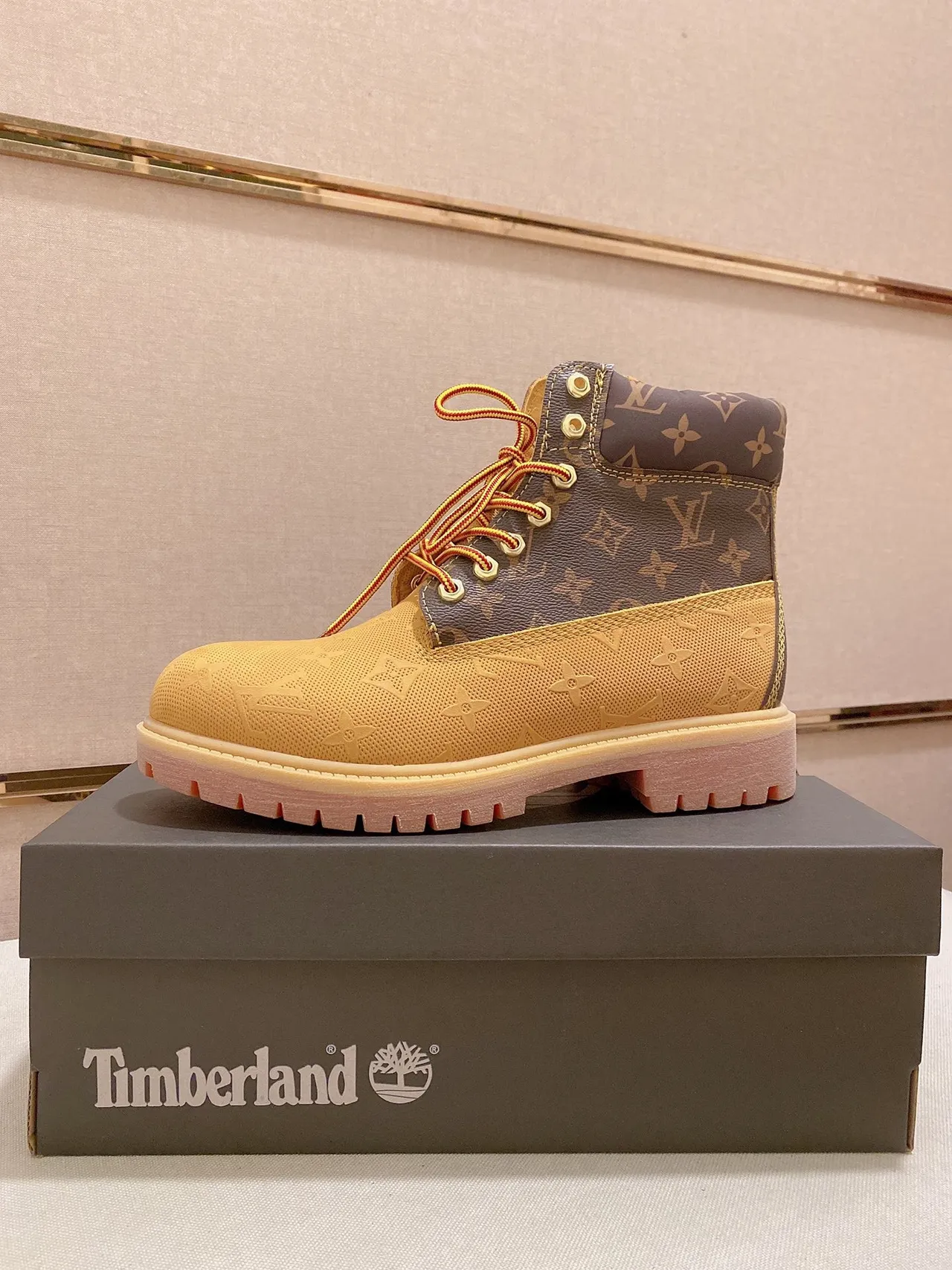 Timberland Yellow Brown Monogrammed Canvas Perforated Textile Upper Work Boots