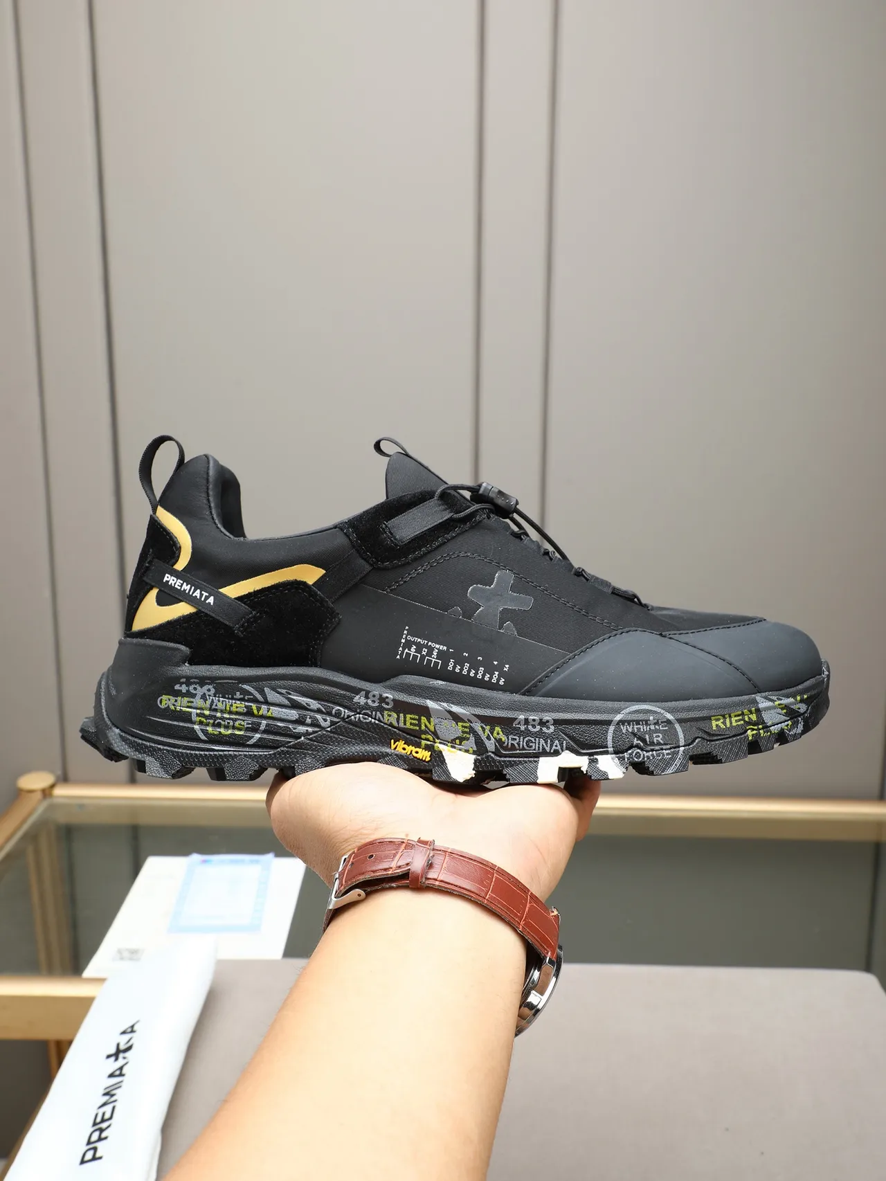 Premiata Black Gold Sole Mixed-Material Upper Chunky Sneakers
