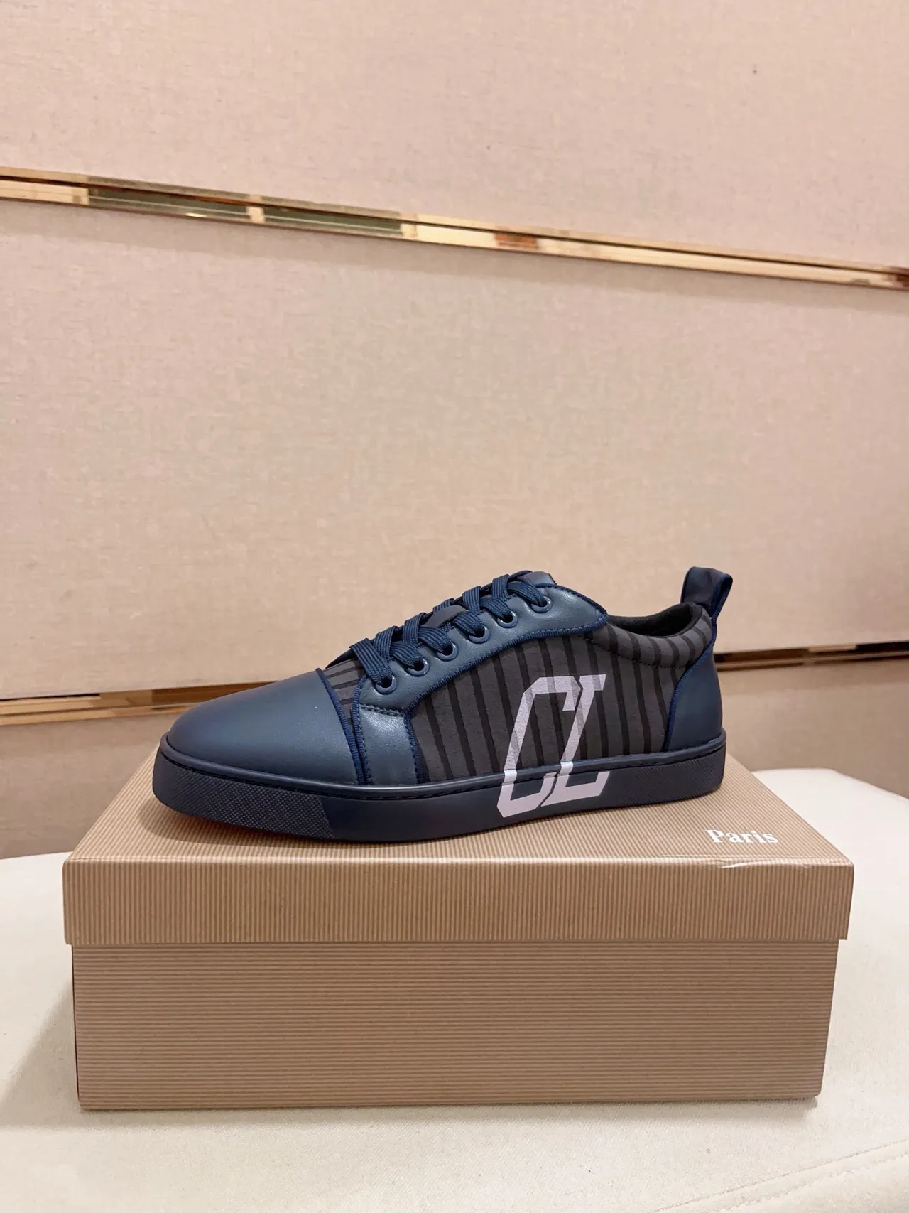 Christian Louboutin Navy Gray Low-Top Mixed-Material Sneakers
