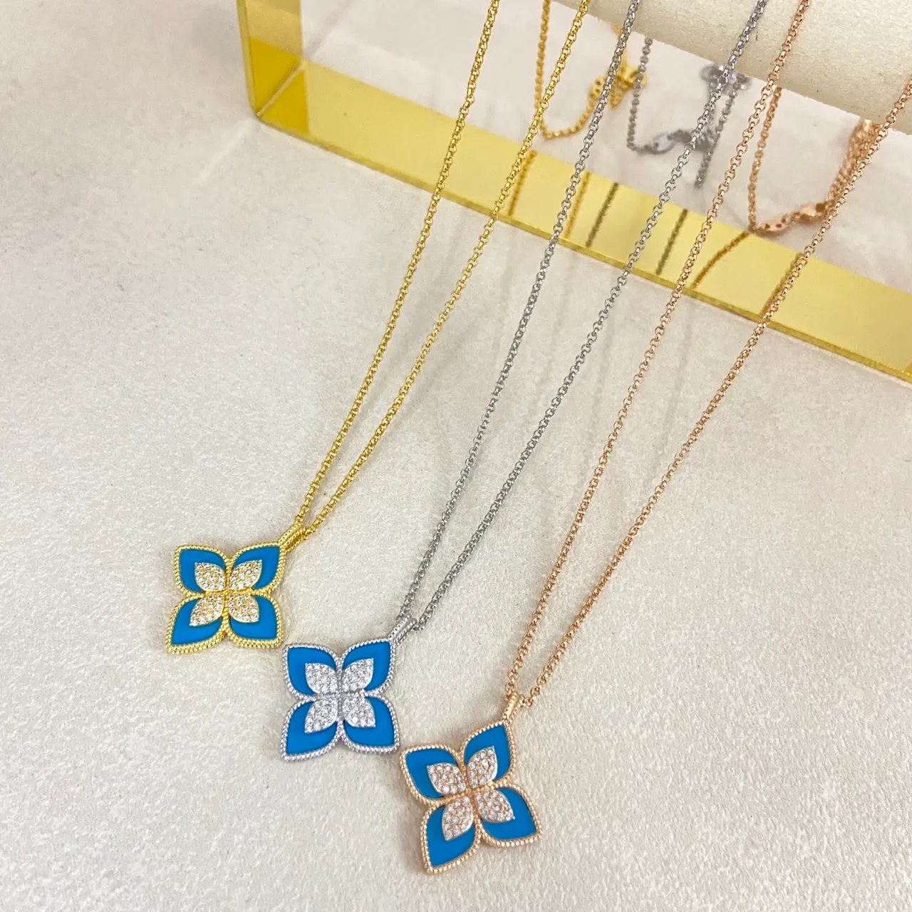 Floral Quatrefoil Enamel and Crystal Pendant Necklaces