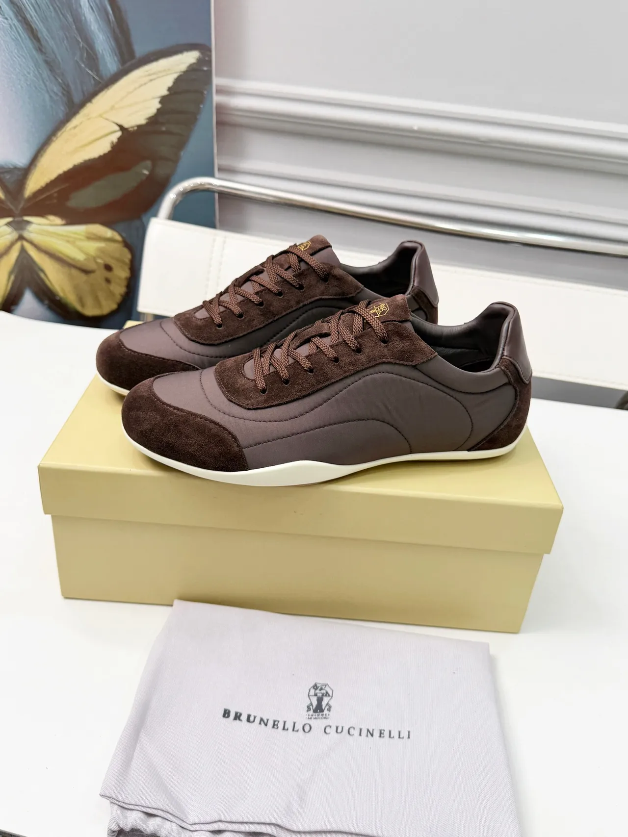Brunello Cucinelli Brown Suede and Textile Low-Top Lifestyle Sneakers