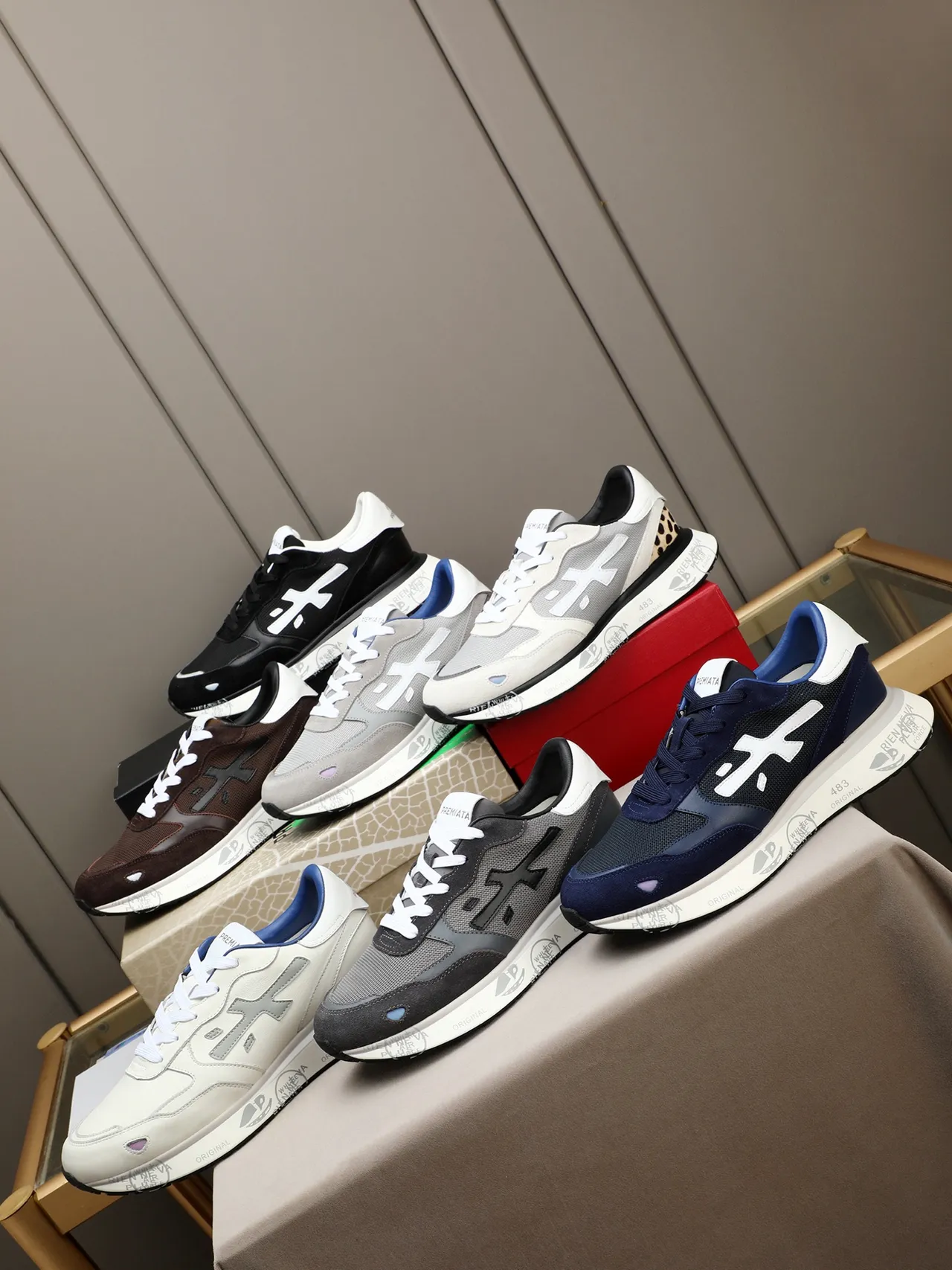 Premiata White Gray Mixed-Material Upper Leopard-Print Heel Accent Sneakers