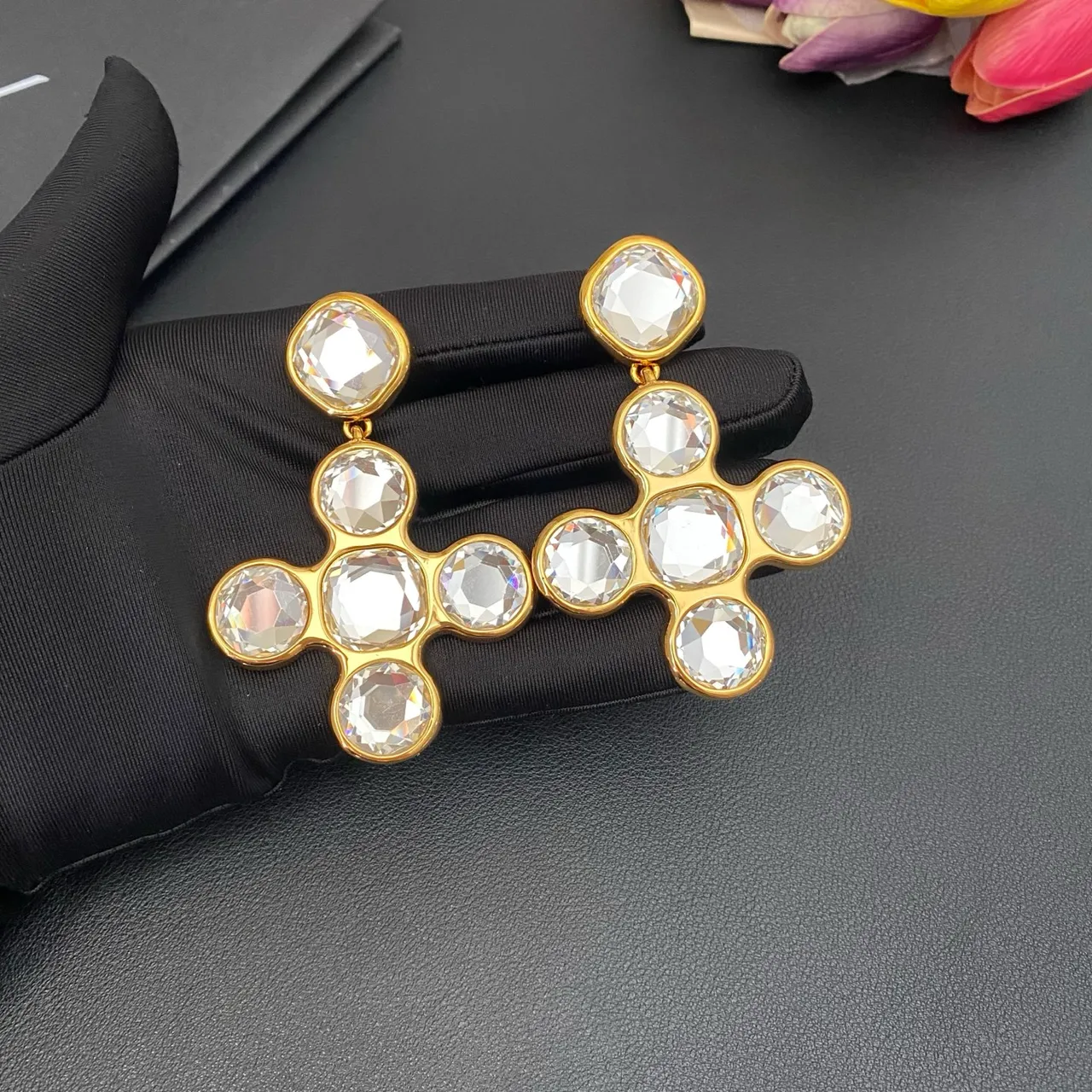 Saint Laurent Crystal Cross Cluster Gold-Tone Earrings