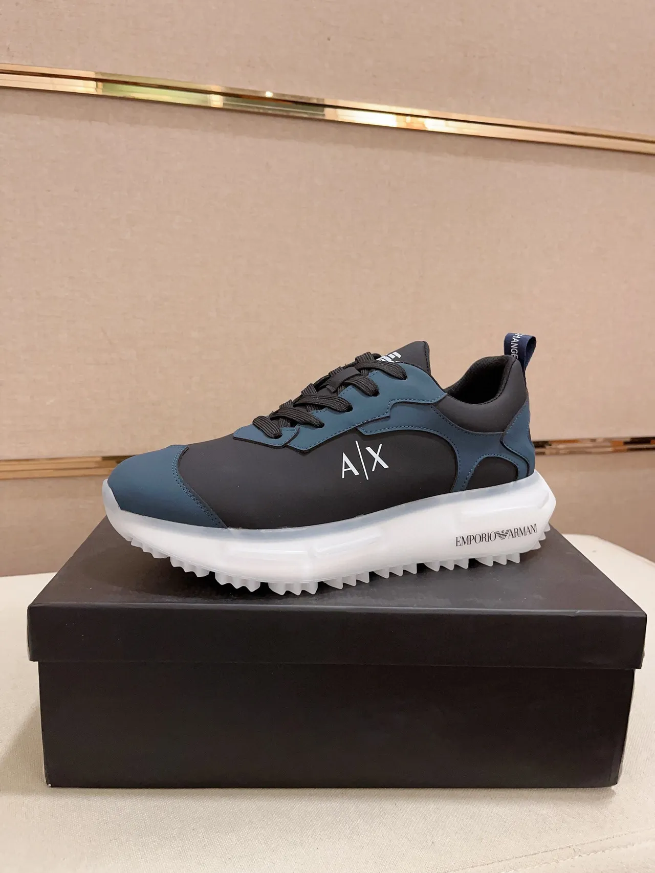 Armani Exchange Navy Black Mixed-Material Upper Sculpted Translucent Sole Sneakers