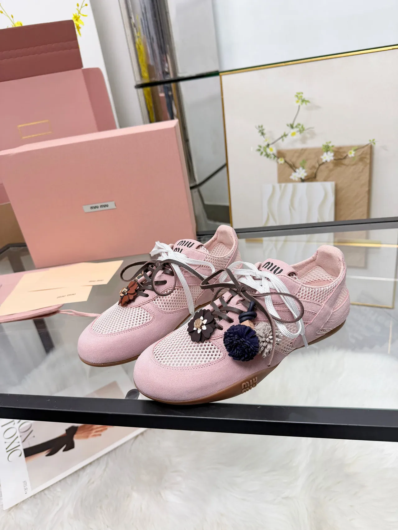 Miu Miu Pink Brown Suede And Mesh Upper Dual-Tone Laces Lifestyle Sneakers