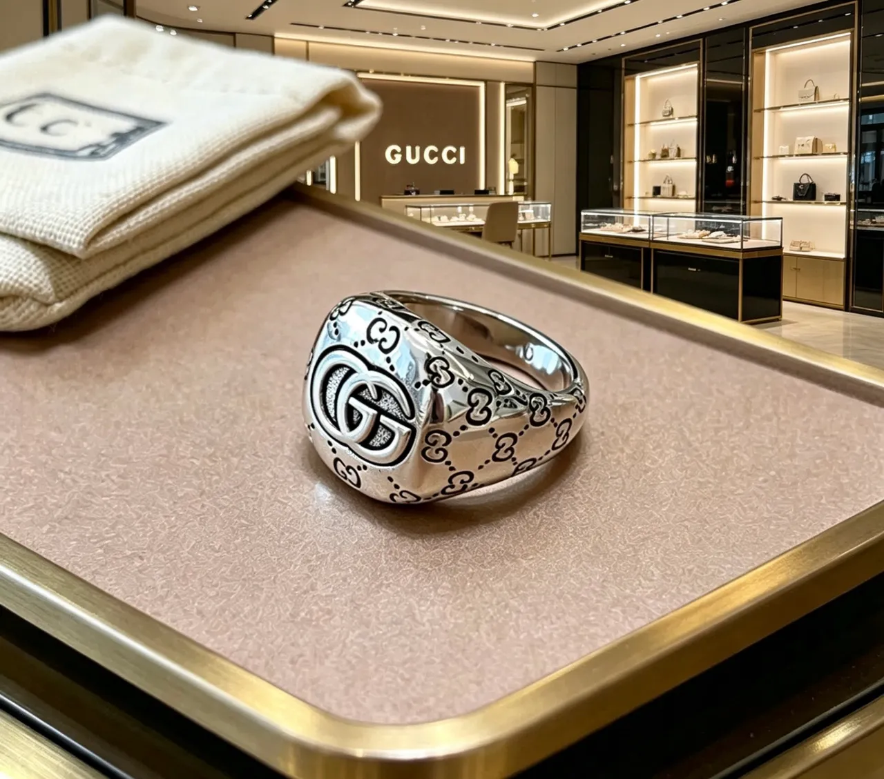Gucci GG Monogram Ring Silver Black Polished Enamel Ring