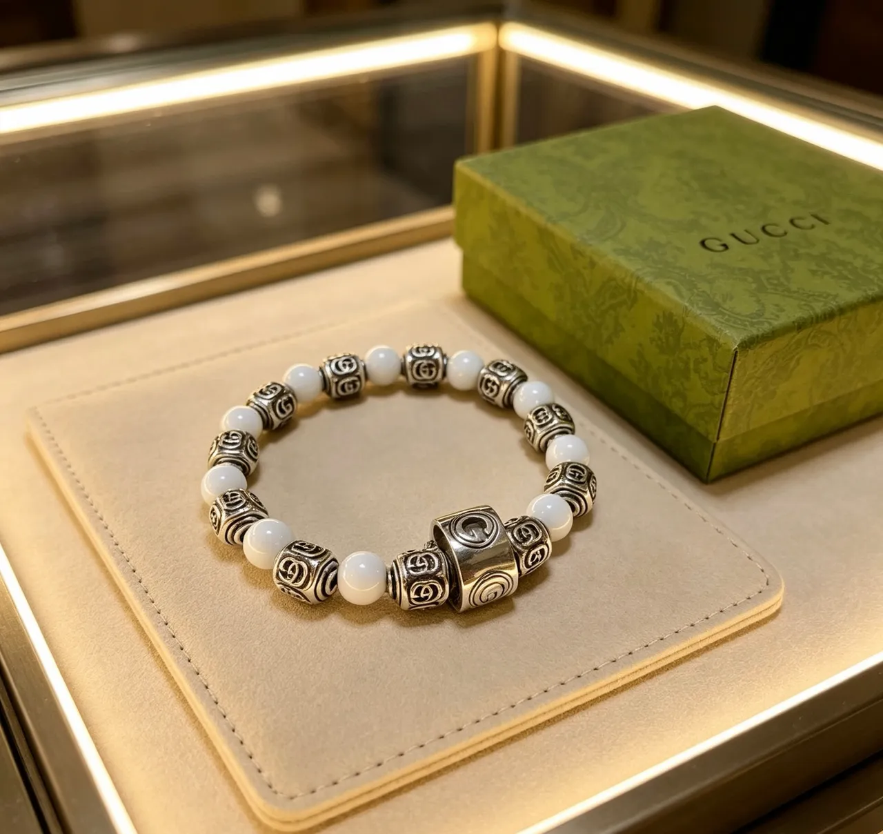 Gucci GG Marmont White Silver Beaded Interlocking G Motif Bracelet