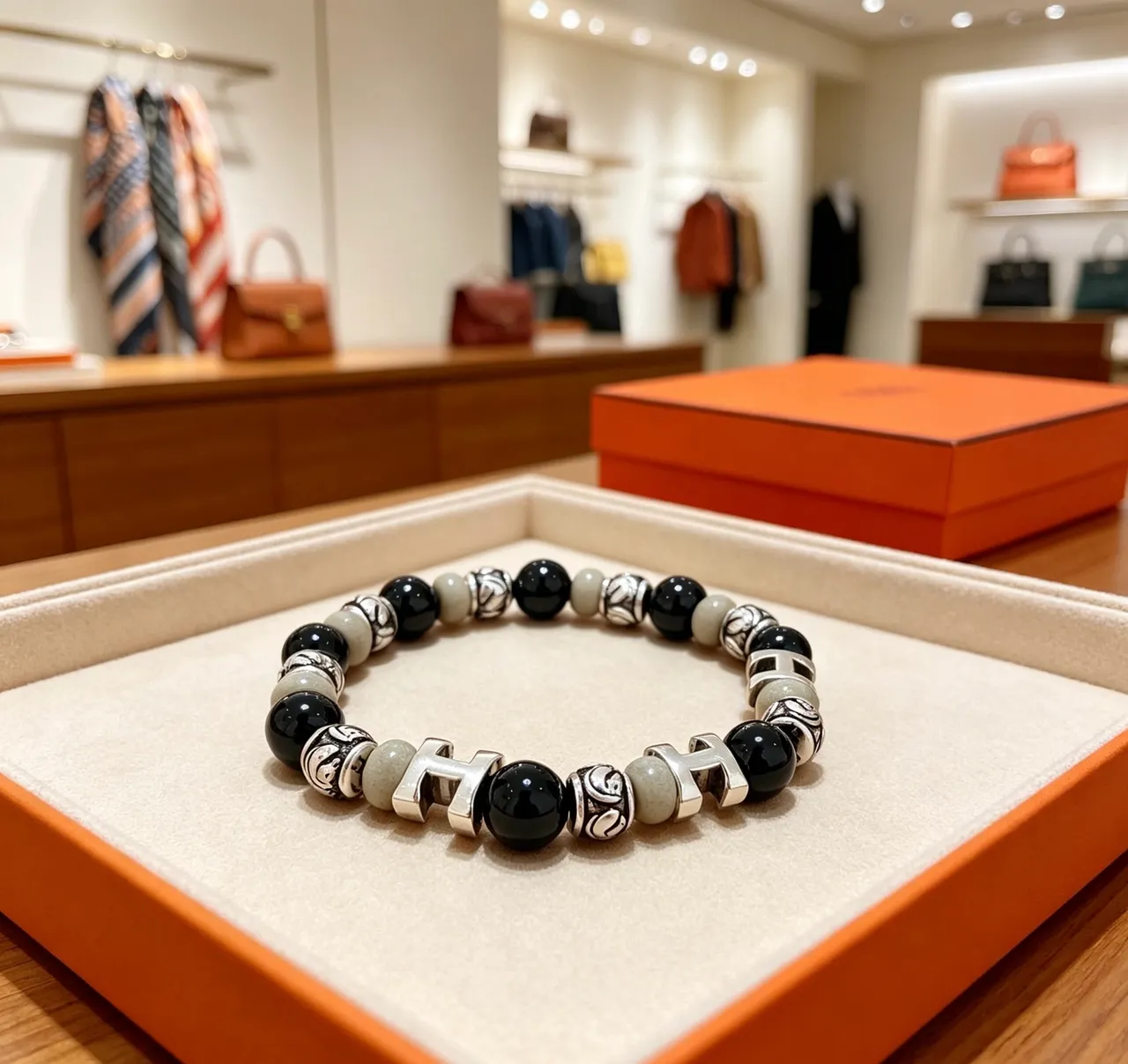 Hermès Black Silver Beaded Multi-Stone Bracelet