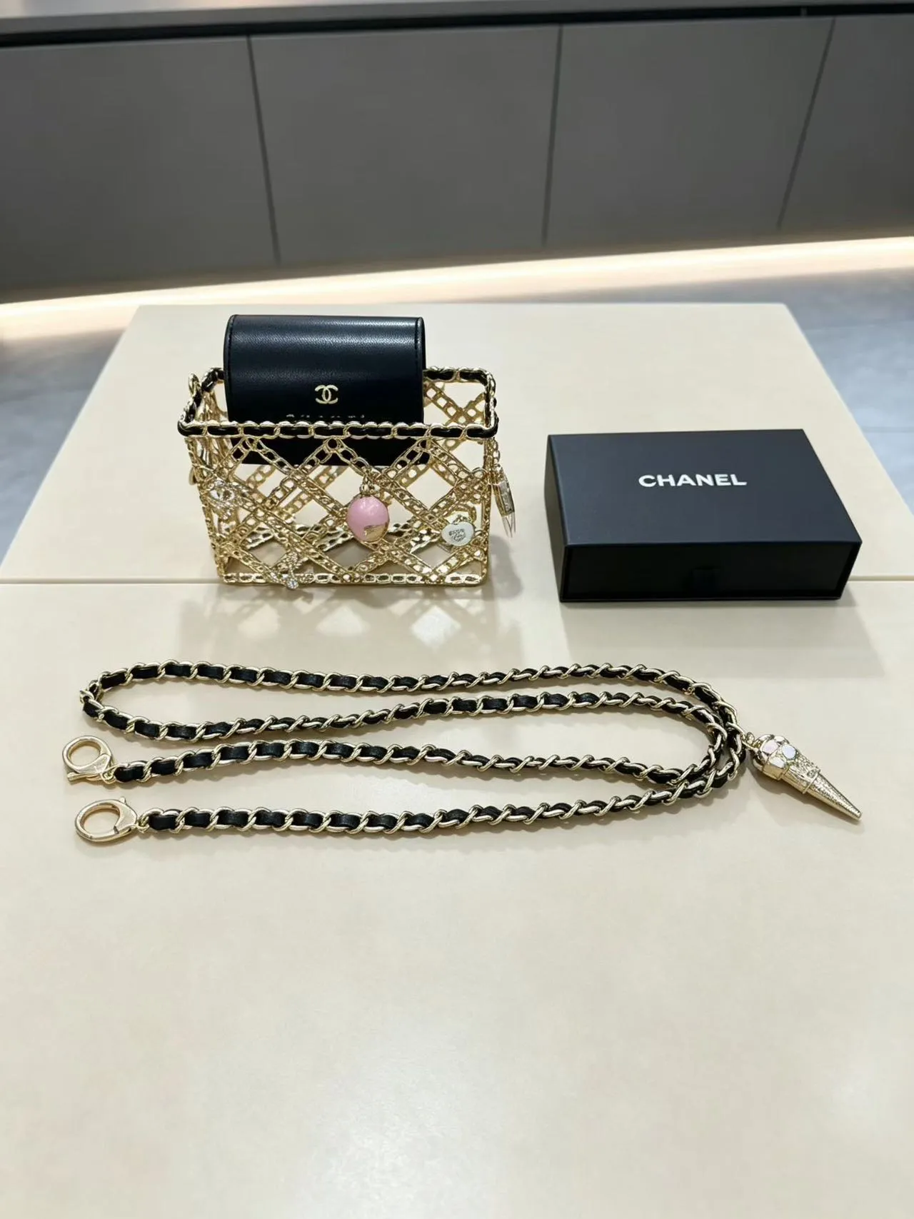 Chanel Chain Cage Black Pink Construction Leather Flap Chain Bag