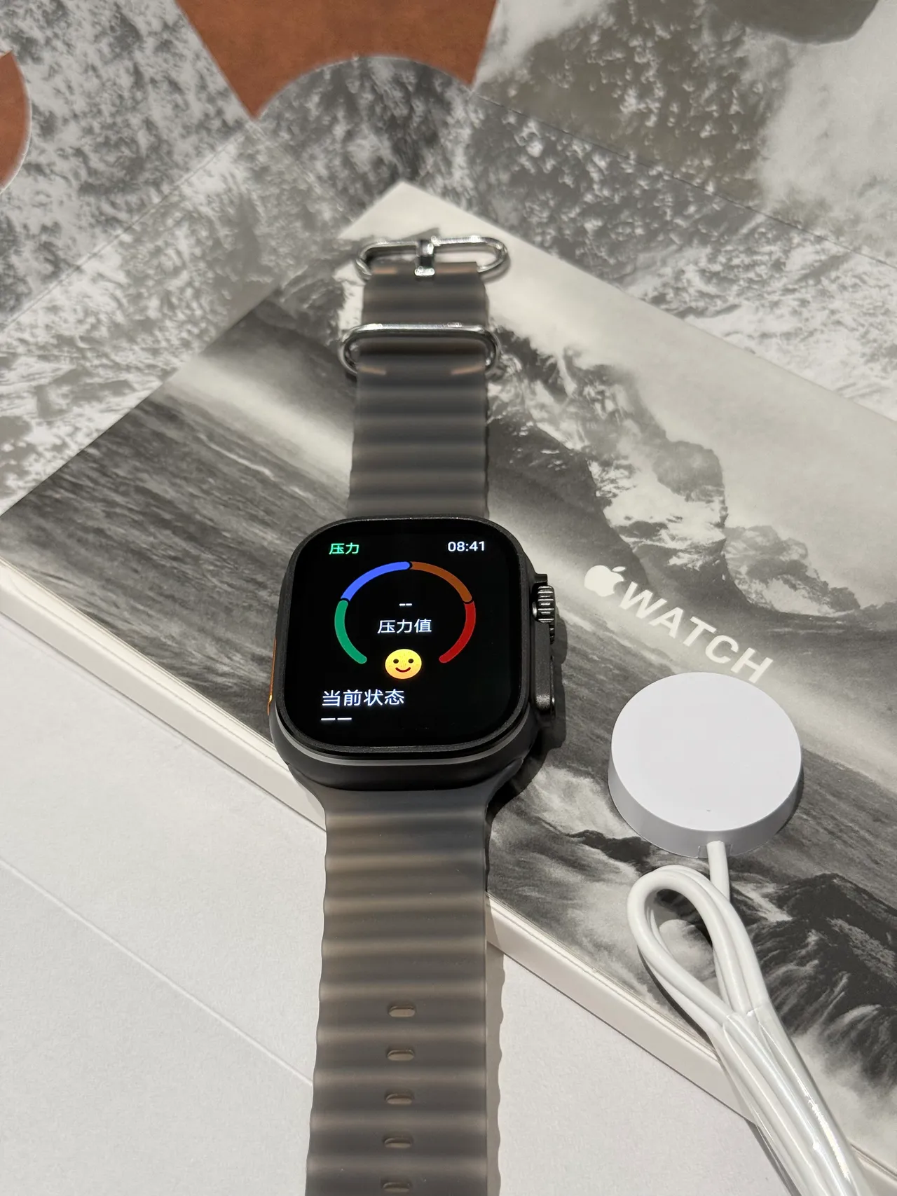 Apple Ultra Gray Orange Square Titanium-Style Case Ribbed Silicone Band Sports Watch