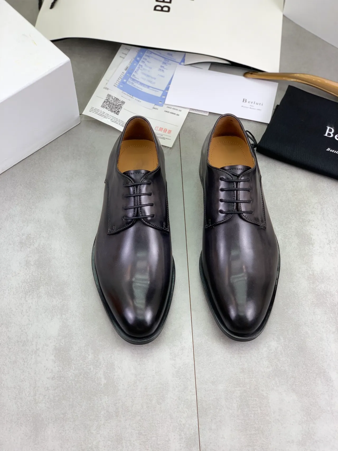 Berluti Black Brown Glossy Leather Cap Toe Oxford Shoes