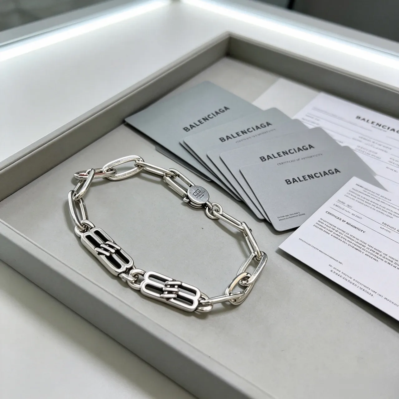 Balenciaga Logo Charm Chunky Link Silver Bracelet