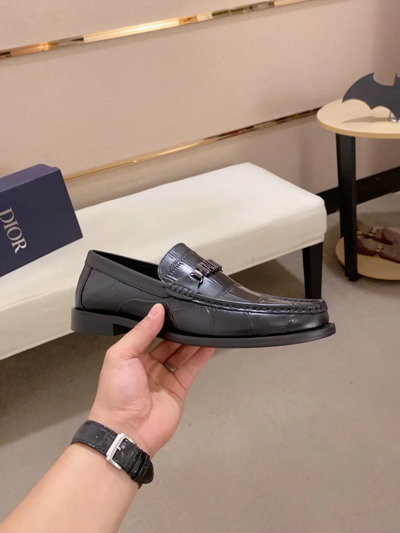 Dior Black Croc-Embossed Leather Metal Logo Strap Loafer