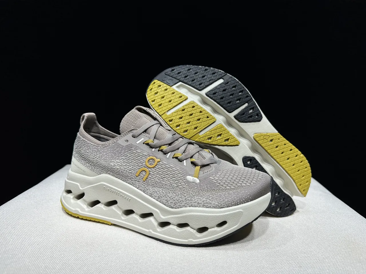 On Gray White Engineered Knit Upper Sculpted CloudTec Phase Midsole Running Shoes