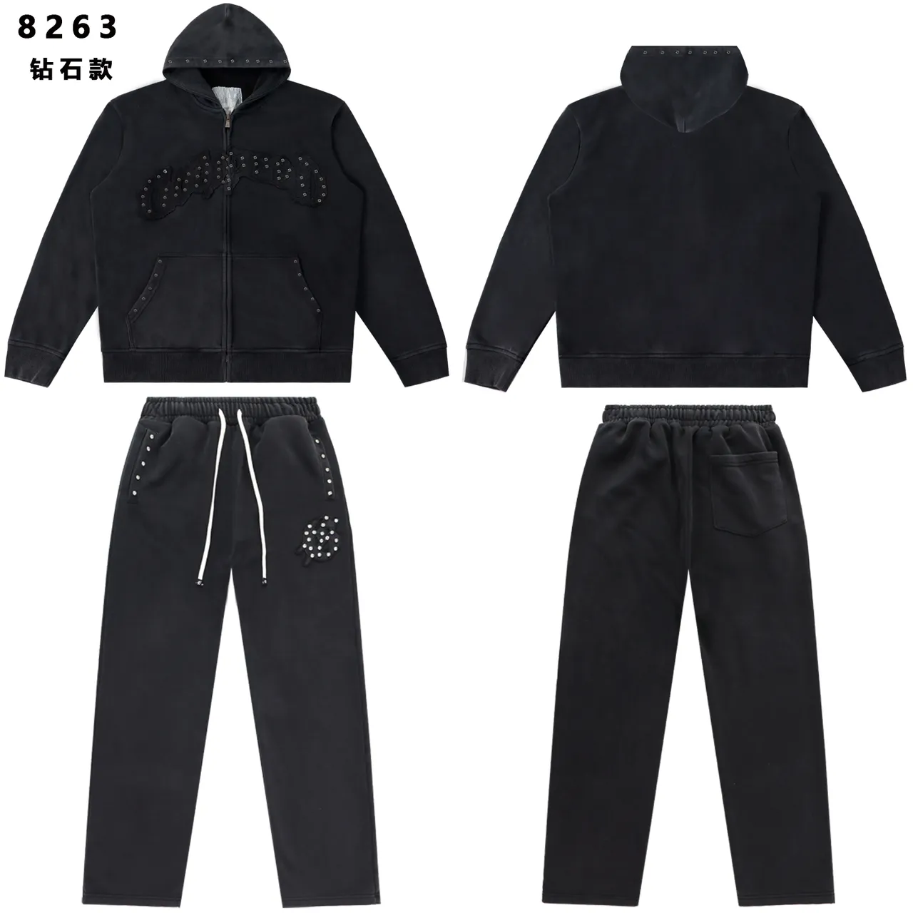 Studded Embroidered Zip-Up Hoodie and Sweatpants Tracksuit