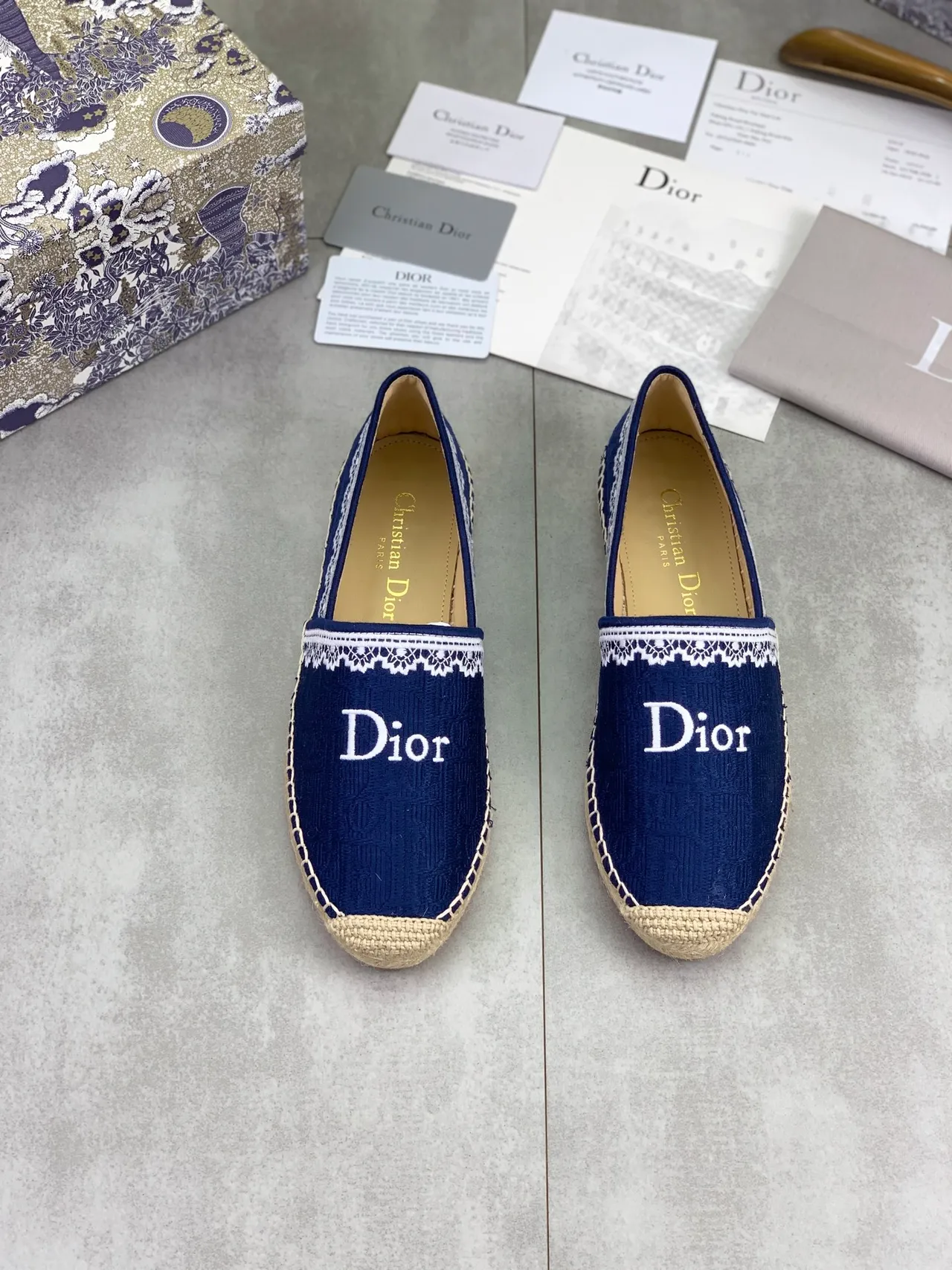Dior Navy Woven Lace-Trimmed Espadrille Boat Shoes