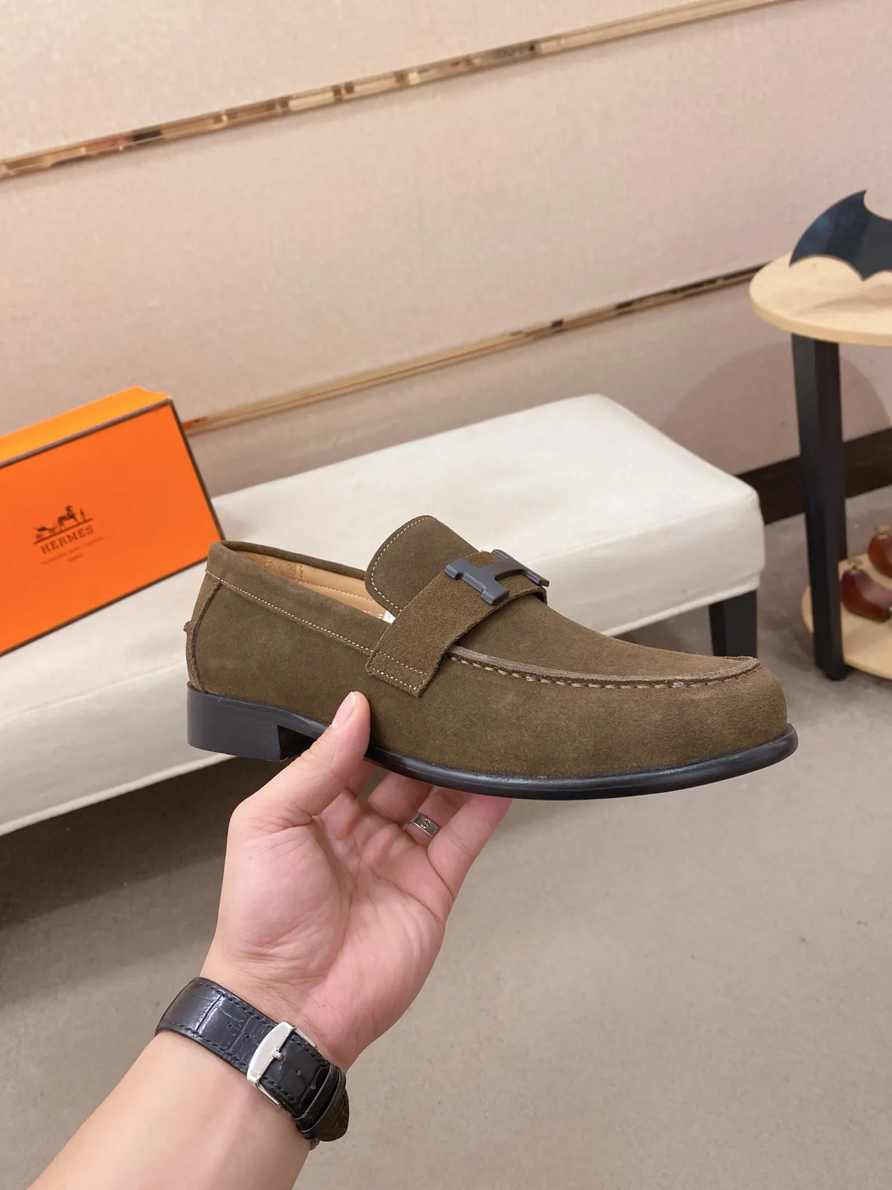 Hermès Oran Olive Green Suede H-Buckle Loafer