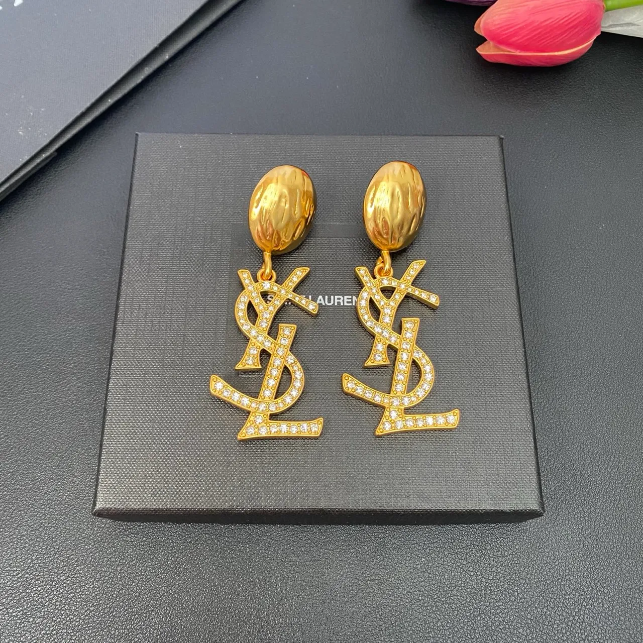 Saint Laurent YSL Monogram Pavé Crystal Gold Dangling Earrings