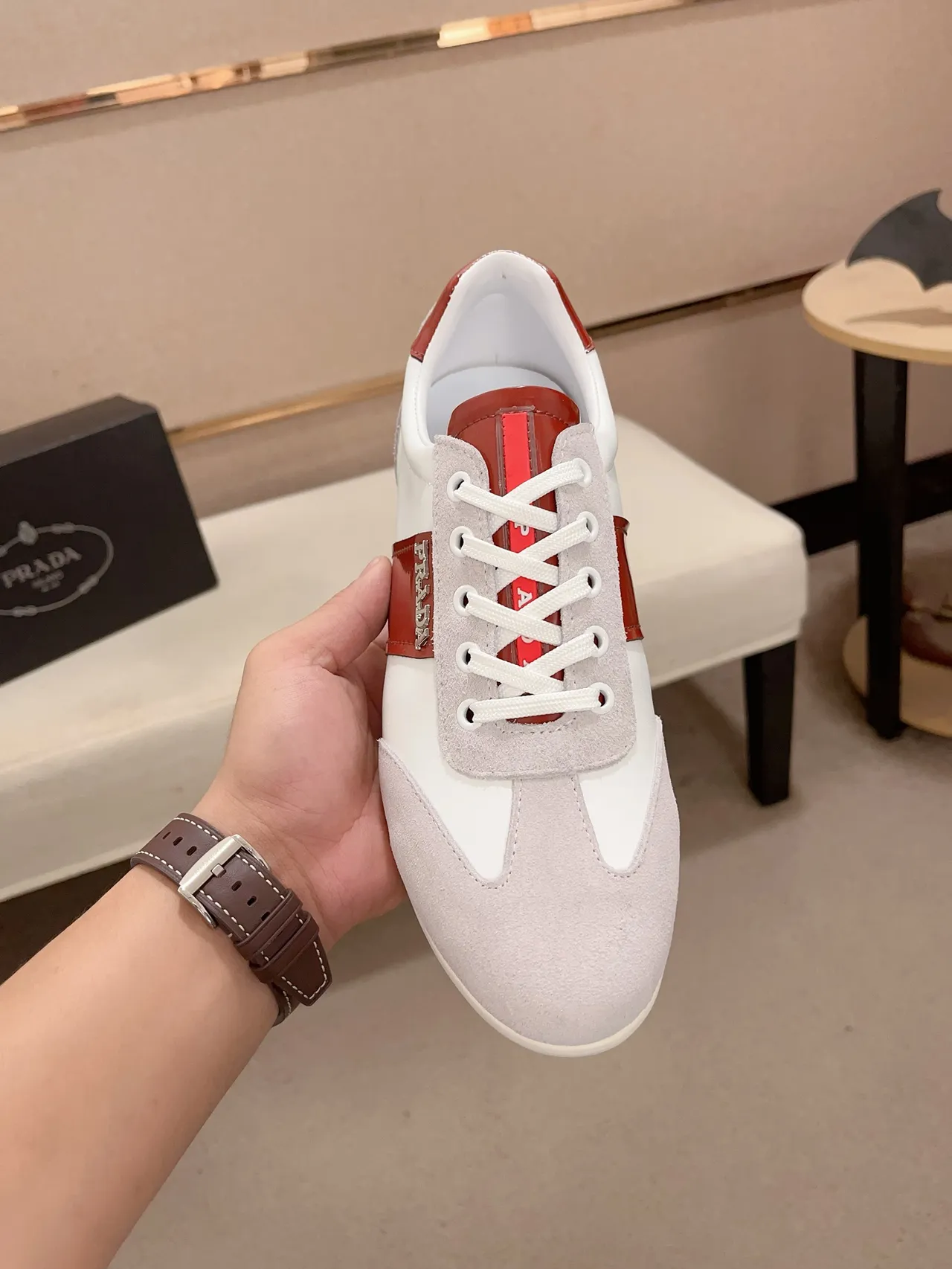 Prada White Red Low-Top Suede And Leather Panelled Lifestyle Sneakers
