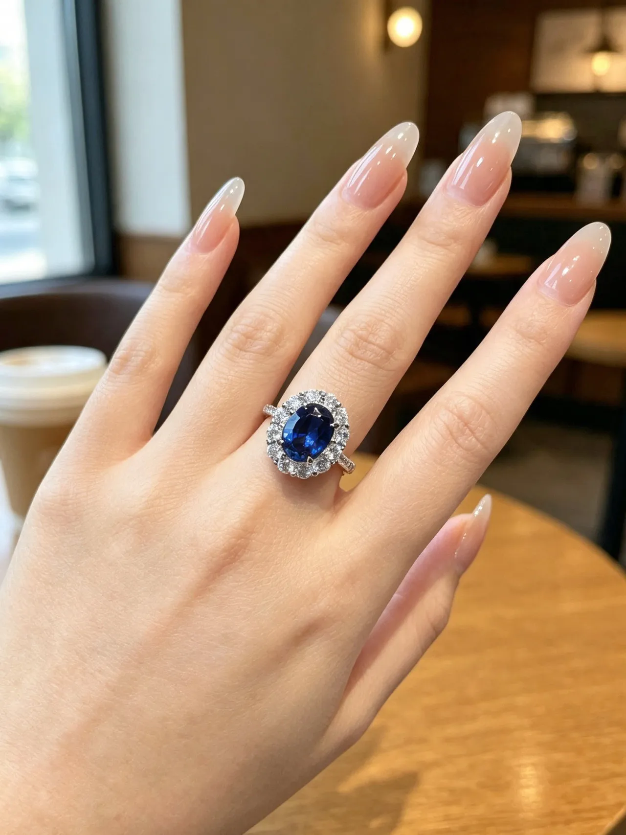 Blue Silver Oval-Cut Central Gemstone Halo Setting Ring